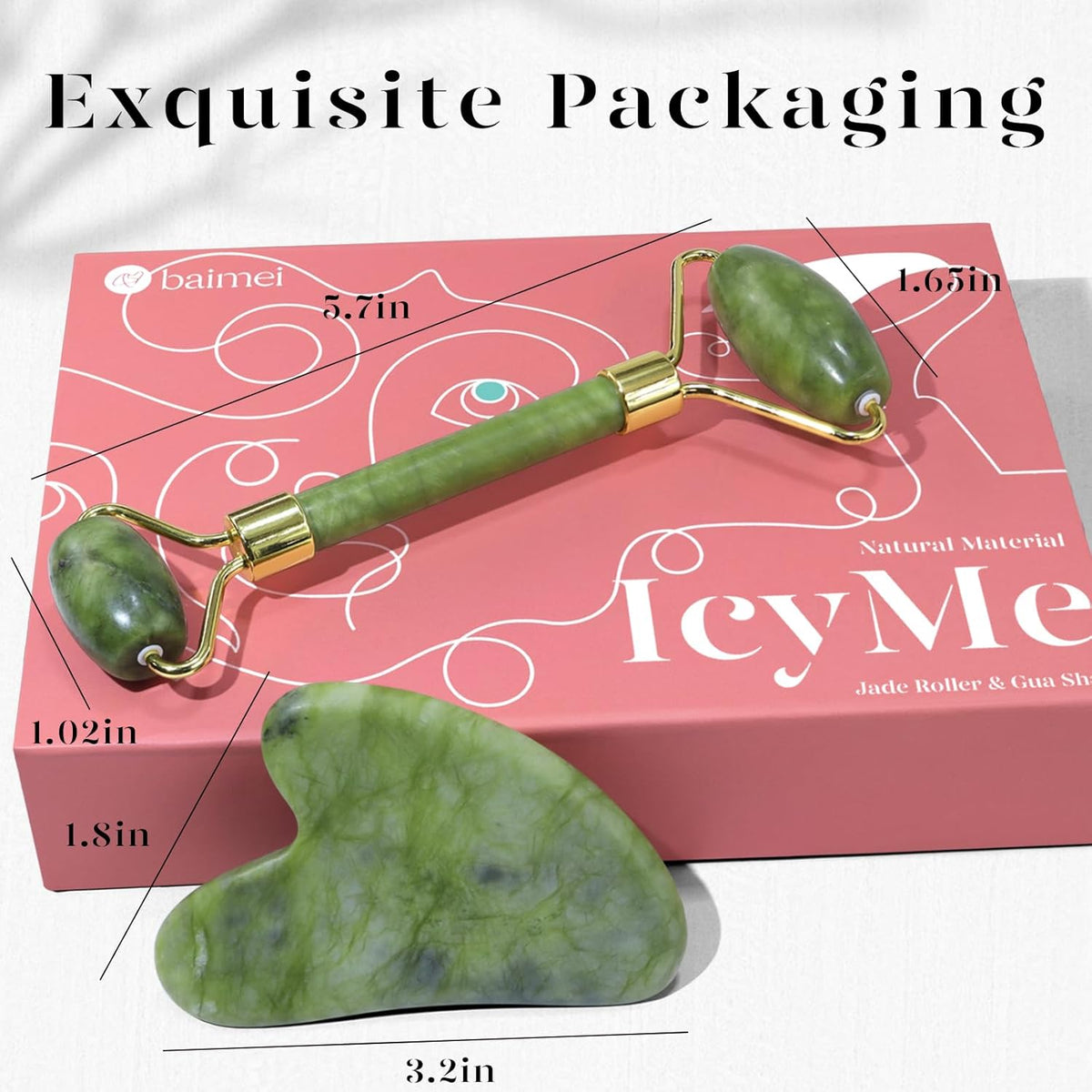 BAIMEI IcyMe Gua Sha & Jade Roller Set – Premium Skincare Heirloom, Crafted Jade Facial Tools for Her