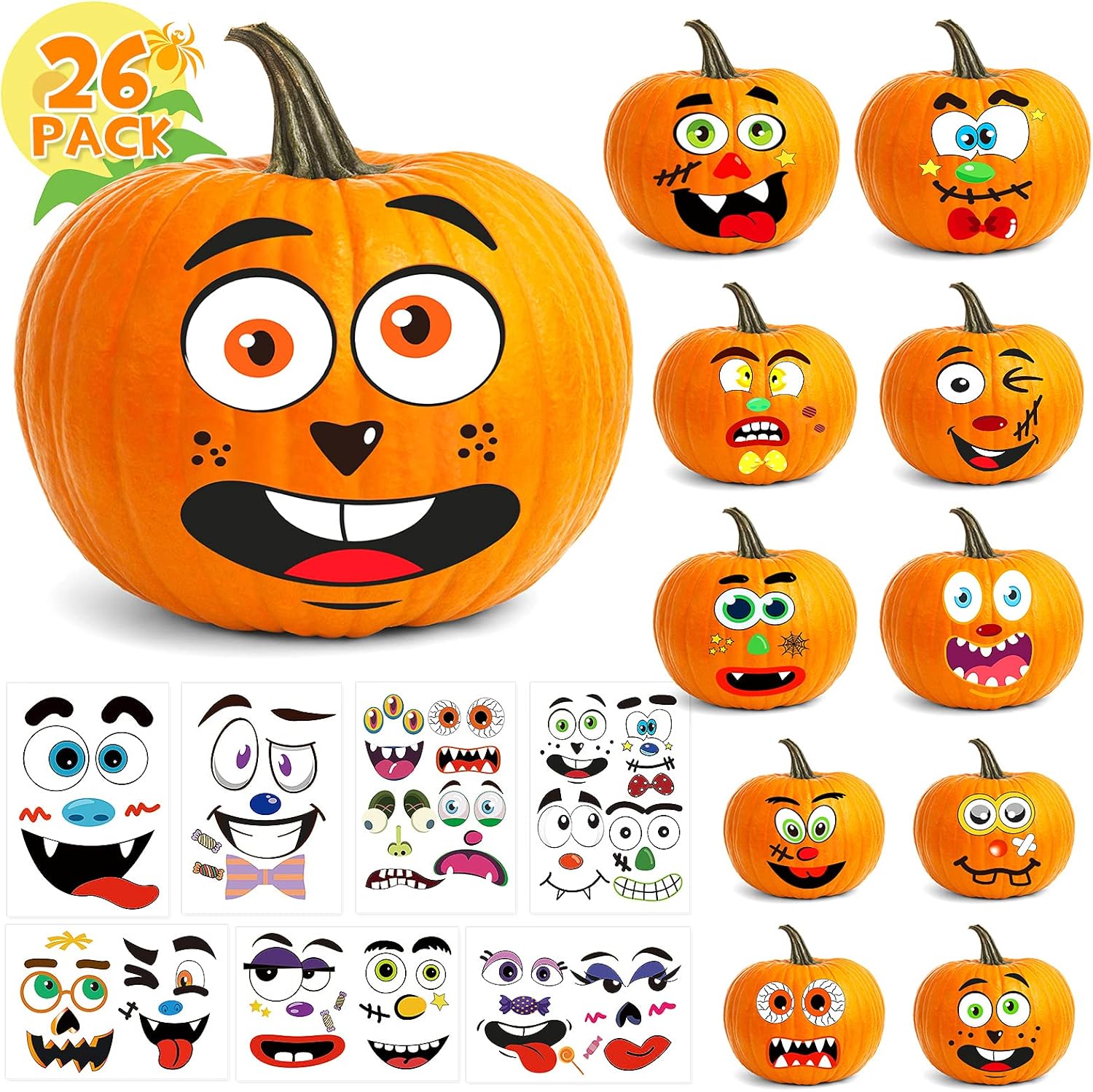 BainGsek 26 Pack Pumpkin Face Stickers – Fun Halloween Party Favor Gift for Kids, Classmates, and Party Guests