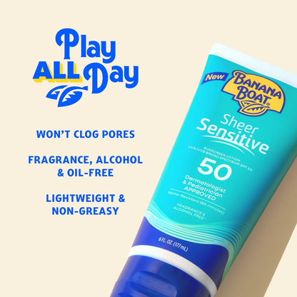 Banana Boat Sheer Sensitive Body Lotion SPF 50 – Dermatologist and Pediatrician-Tested Sun Protection for Reactive Skin, 6oz