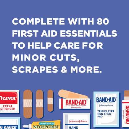 BAND-AID Brand Travel Ready First Aid Kit – All-in-One Medical Supplies for Minor Cuts, Scrapes & Burns, 80 Piece