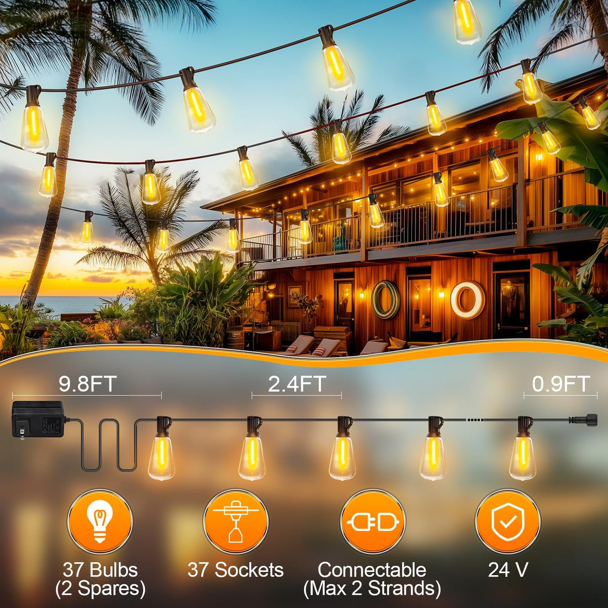 Banord ST38 Warm White LED String Lights – 100ft Simple Design Hanging Lights for Clutter-Free Patio and Deck