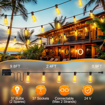 Banord ST38 Warm White LED String Lights – 100ft Simple Design Hanging Lights for Clutter-Free Patio and Deck
