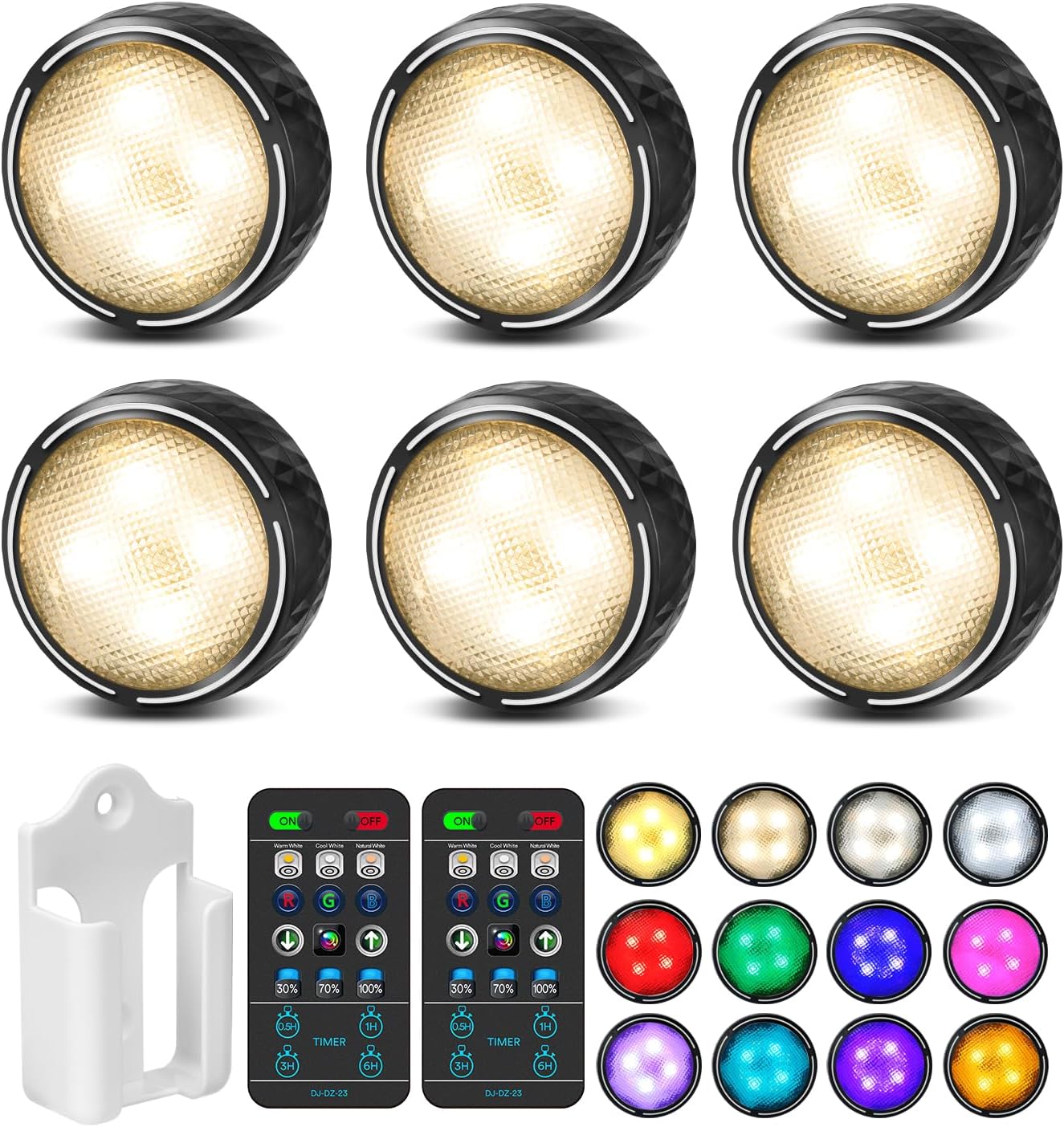 battery-powered via 3 aa cells per puck (4.5v dc), 1w led, 100 lumens max output