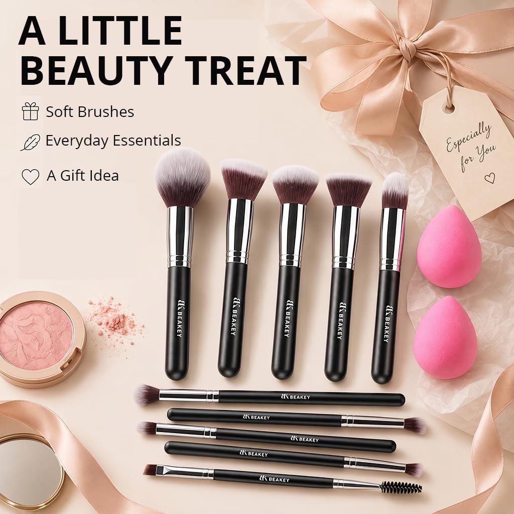 BEAKEY 12-Piece Vegan Brush and Sponge Set – Graduation and Holiday Gift for Women, Paper Case Makeup Starter