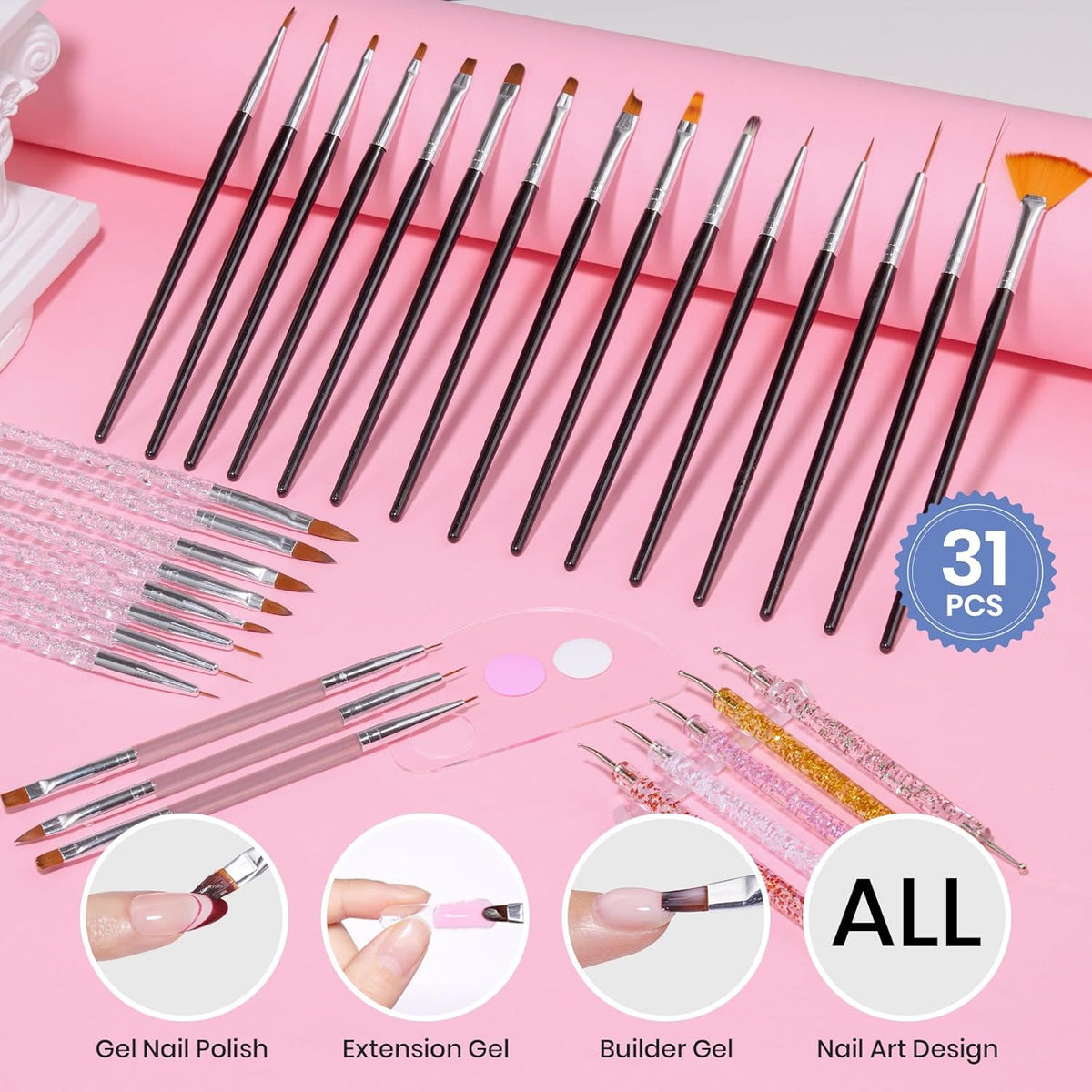 Beetles 31-Piece Nail Art Brush Set in Neutral Black – Streamlined DIY Manicure Kit for Clean, Uncluttered Vanity Spaces