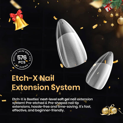 Beetles Gel Nail Tips 576Pcs Pre-shape Short Almond Etch-X Nail Tips – Streamlined DIY Manicure Kit, Everything You Need in One Labeled Box