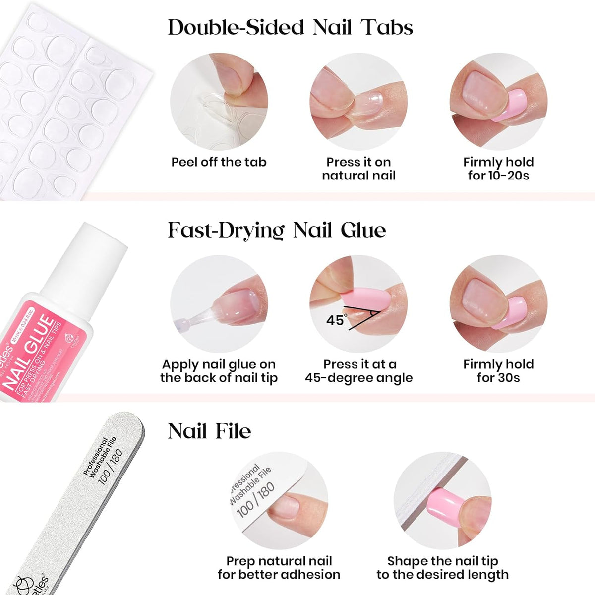 Beetles Press on Nails Kit – Mother's Day Gift Set for Mom, Short Almond Reusable Fake Nails in Matte Glossy Glitter and French Tip