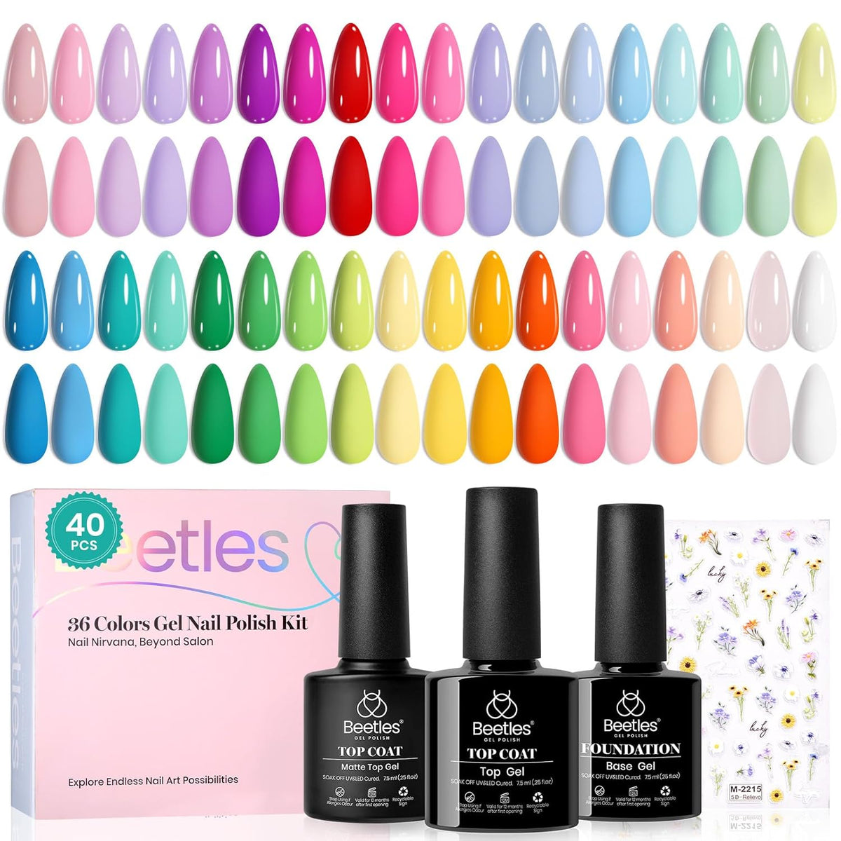 Beetles Spring Gel Nail Polish Set – Mother's Day Present for Her, 36 Pastel Colors with Base Coat and Floral Decals