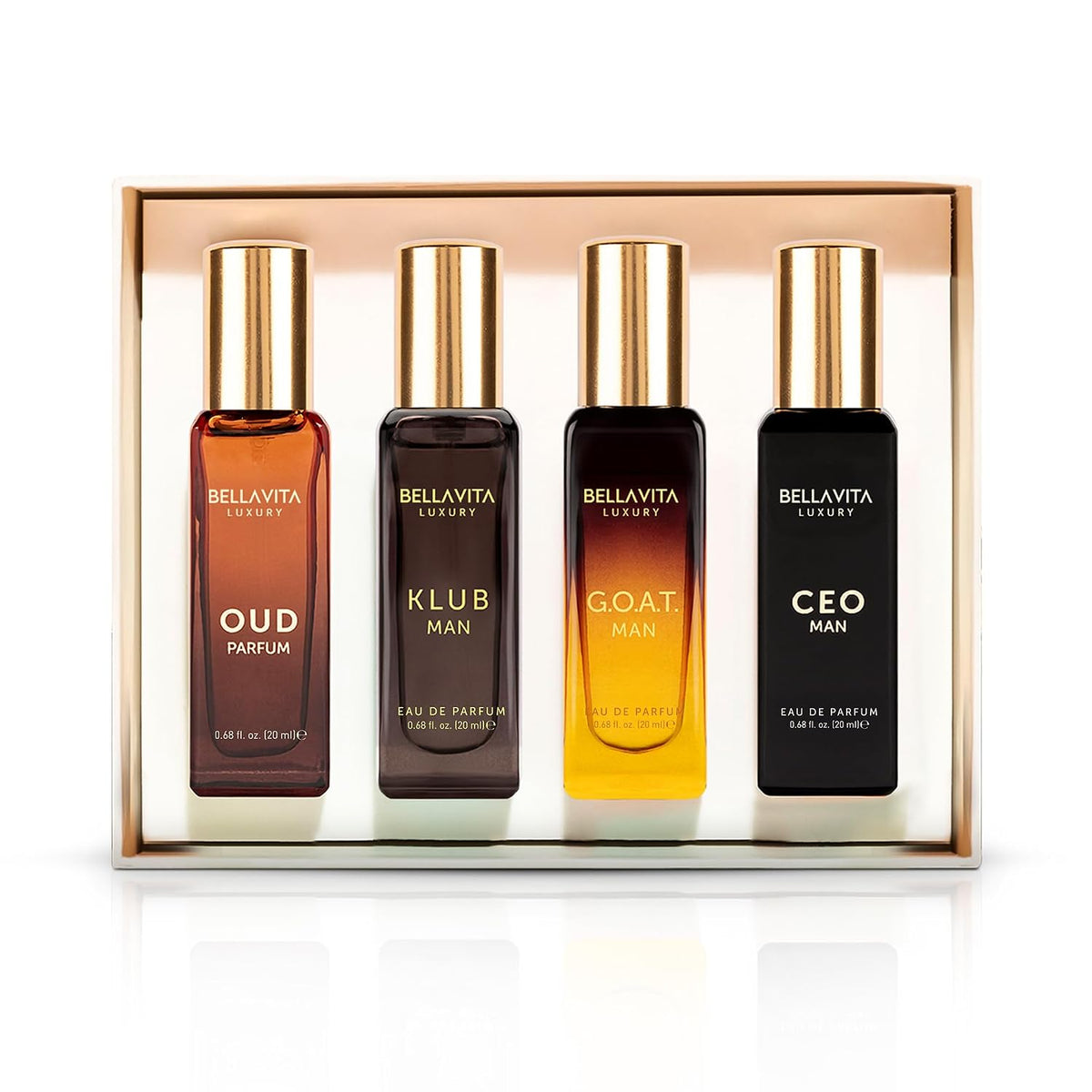 BellaVita 4-Piece Fragrance Sampler Set for Men – Thoughtful Festive & Housewarming Gift with Citrus, Woody, Patchouli & Caramel Notes