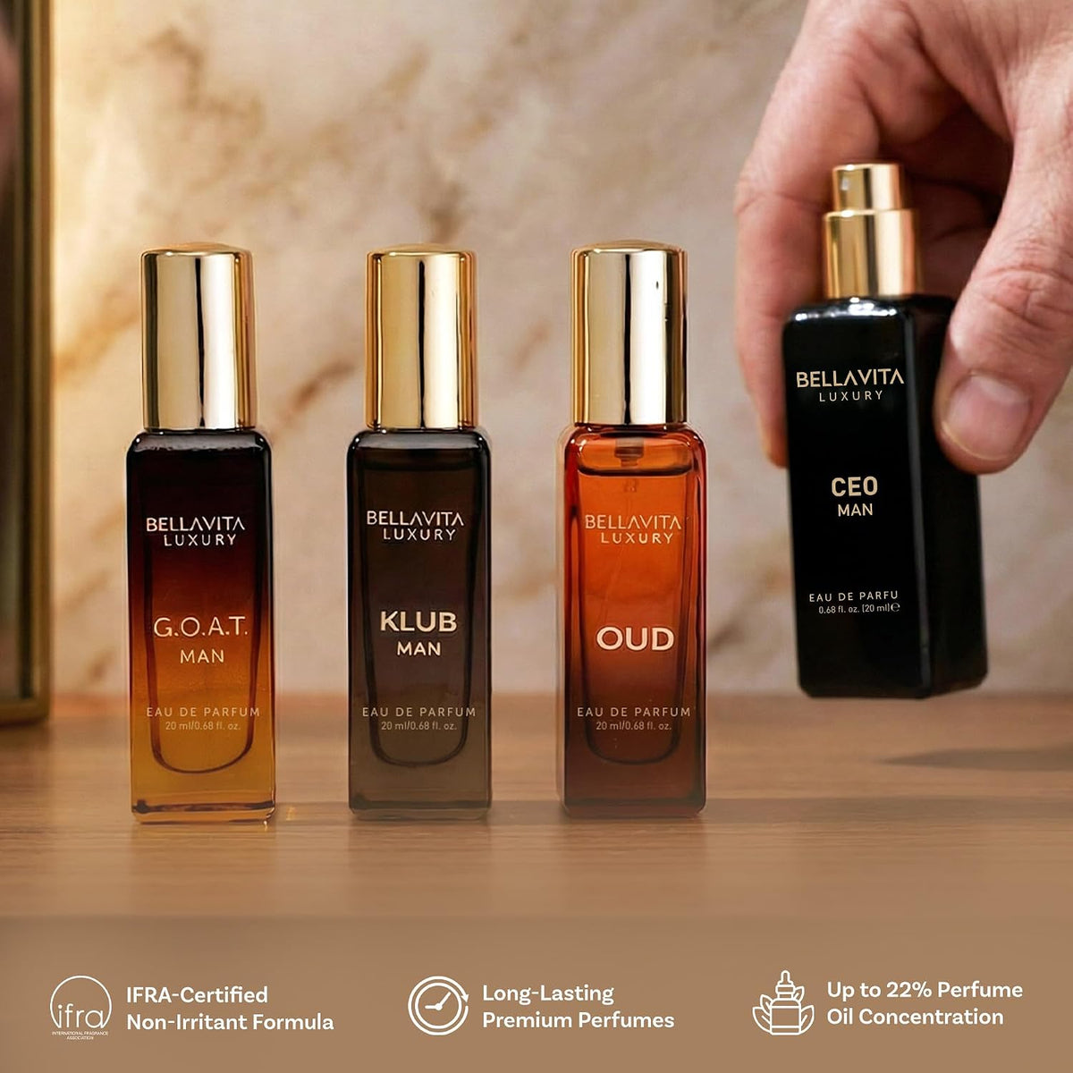 BellaVita Compact Cologne Quartet for Active Men – TSA-Approved 20ml Sprays for Camping, Patio Dinners & Outdoor Date Nights