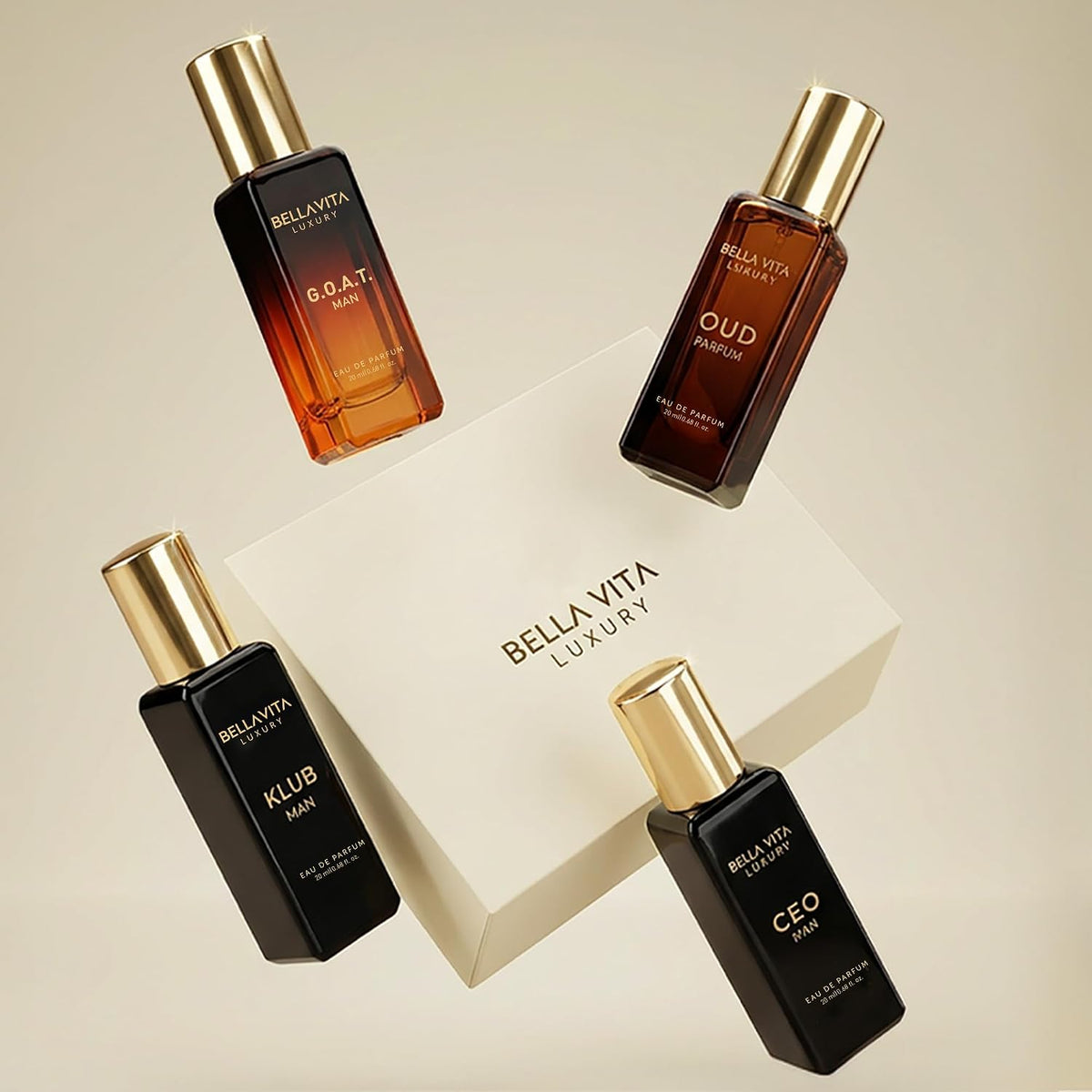 BellaVita Compact Cologne Quartet for Active Men – TSA-Approved 20ml Sprays for Camping, Patio Dinners & Outdoor Date Nights