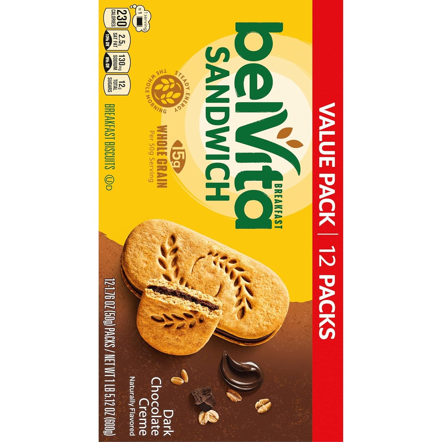 belVita Breakfast Sandwich Bars – School Lunchbox Add-In for Kids and Teens, Dark Chocolate Creme 12-Pack