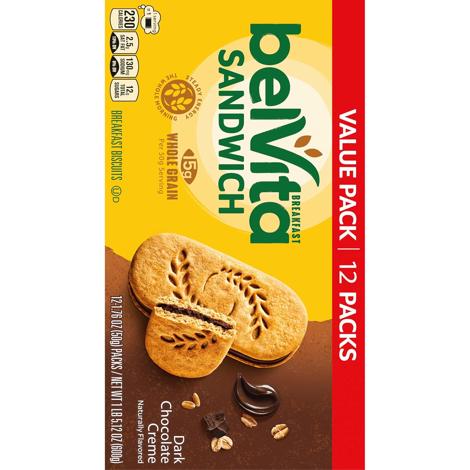 belVita Breakfast Sandwich Bars – School Lunchbox Add-In for Kids and Teens, Dark Chocolate Creme 12-Pack