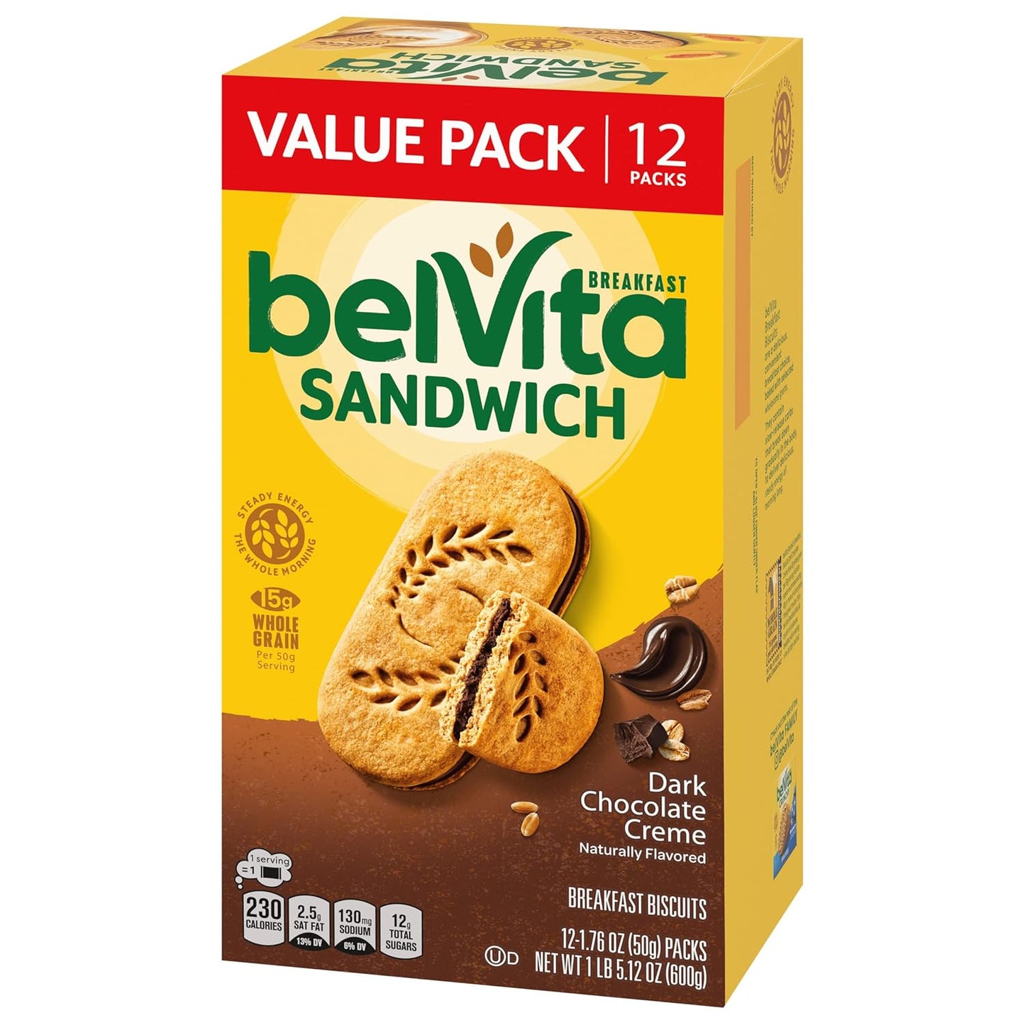 belVita Breakfast Sandwich Bars – School Lunchbox Add-In for Kids and Teens, Dark Chocolate Creme 12-Pack