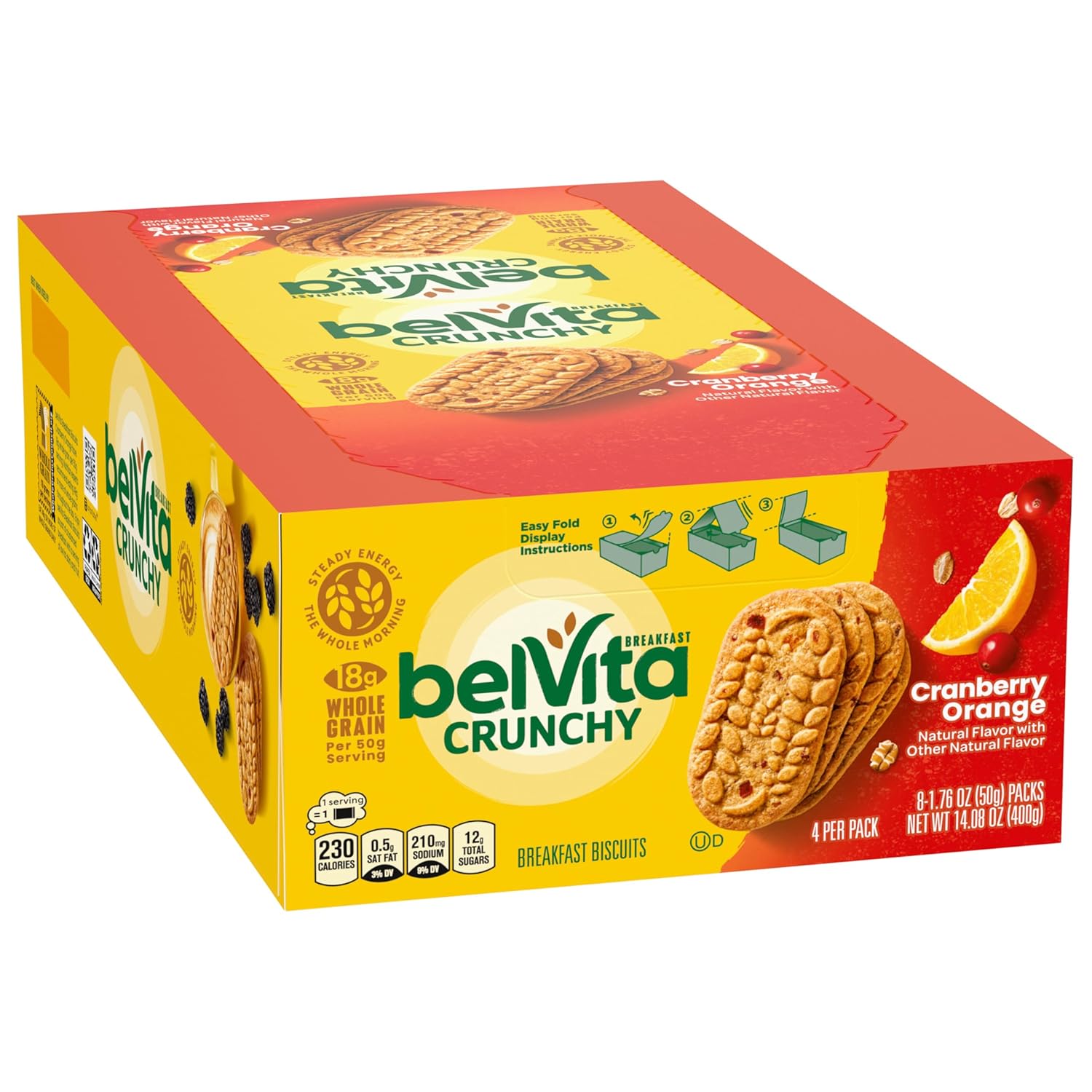 belVita Cranberry Orange Breakfast Biscuits – Clean-Label Morning Fuel with No HFCS or Artificial Sweeteners, 8 Packs of 4