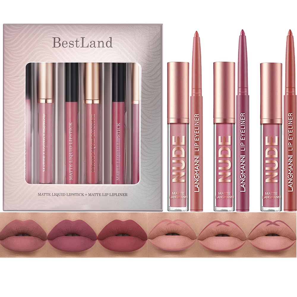 BestLand 6Pcs Matte Liquid Lipstick + Lip Liner Pens Set, One Step Lips Makeup Kits Pigment Velvety Nude Lip Stain Waterproof Long Wear Lip Gloss Make up Gift Set (Classic Allure Set)