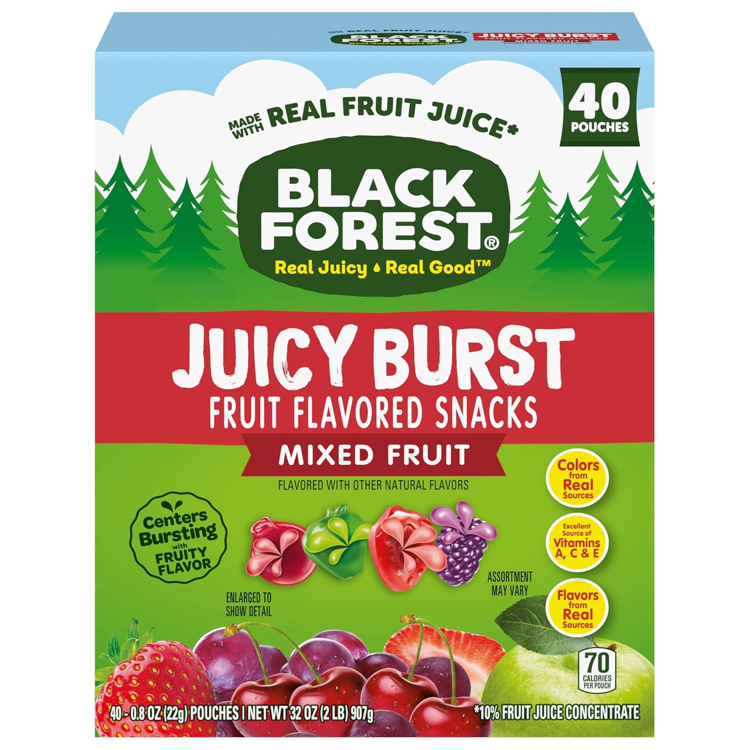 Black Forest Juicy Burst Travel Snacks for Road Trips – Individually Wrapped Fruit Gummy Pouches, 40 Count
