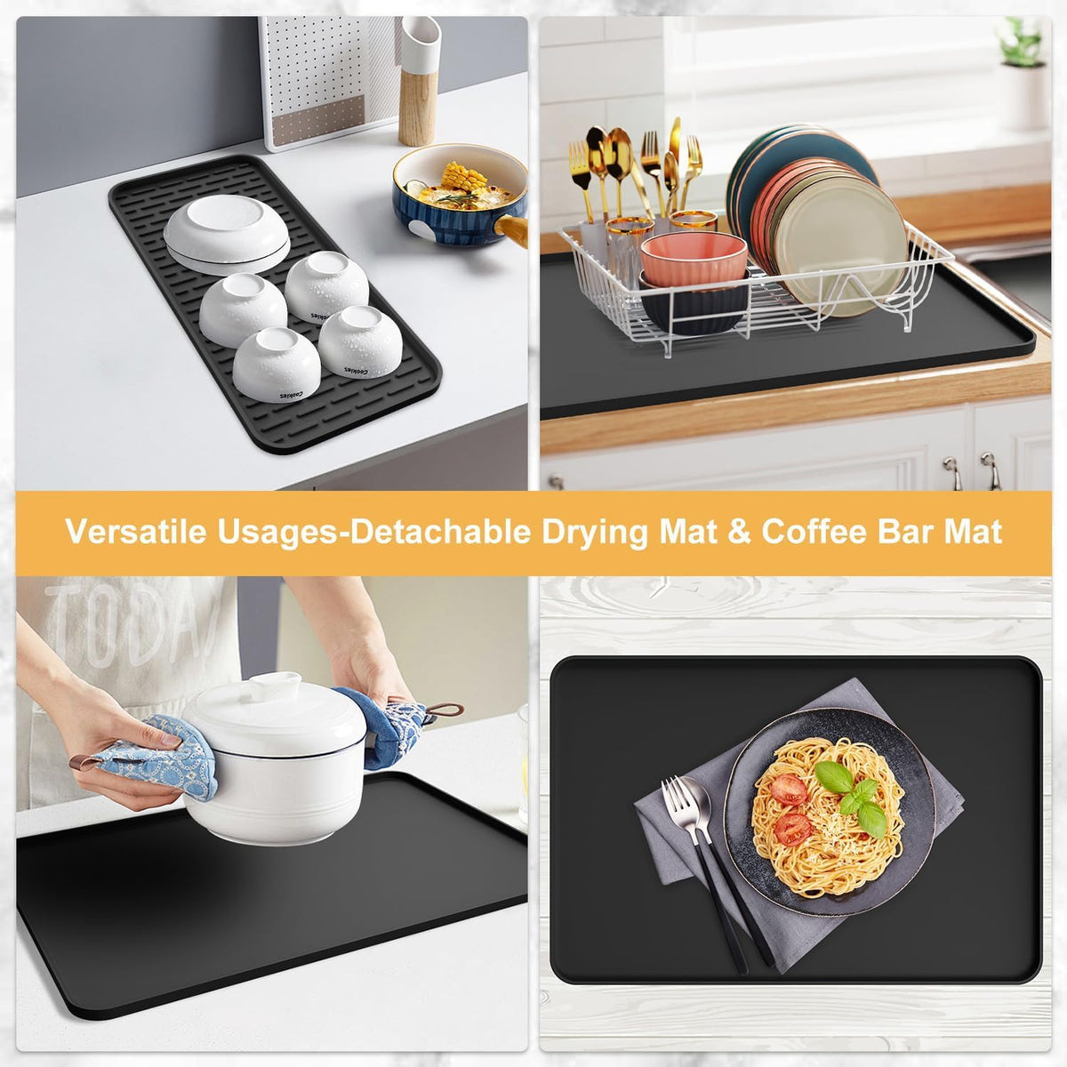 Black Silicone Coffee Bar Mat 24x16 – Birthday Gift for Mom and Her with Built-In Drain Insert for Easy Brewing