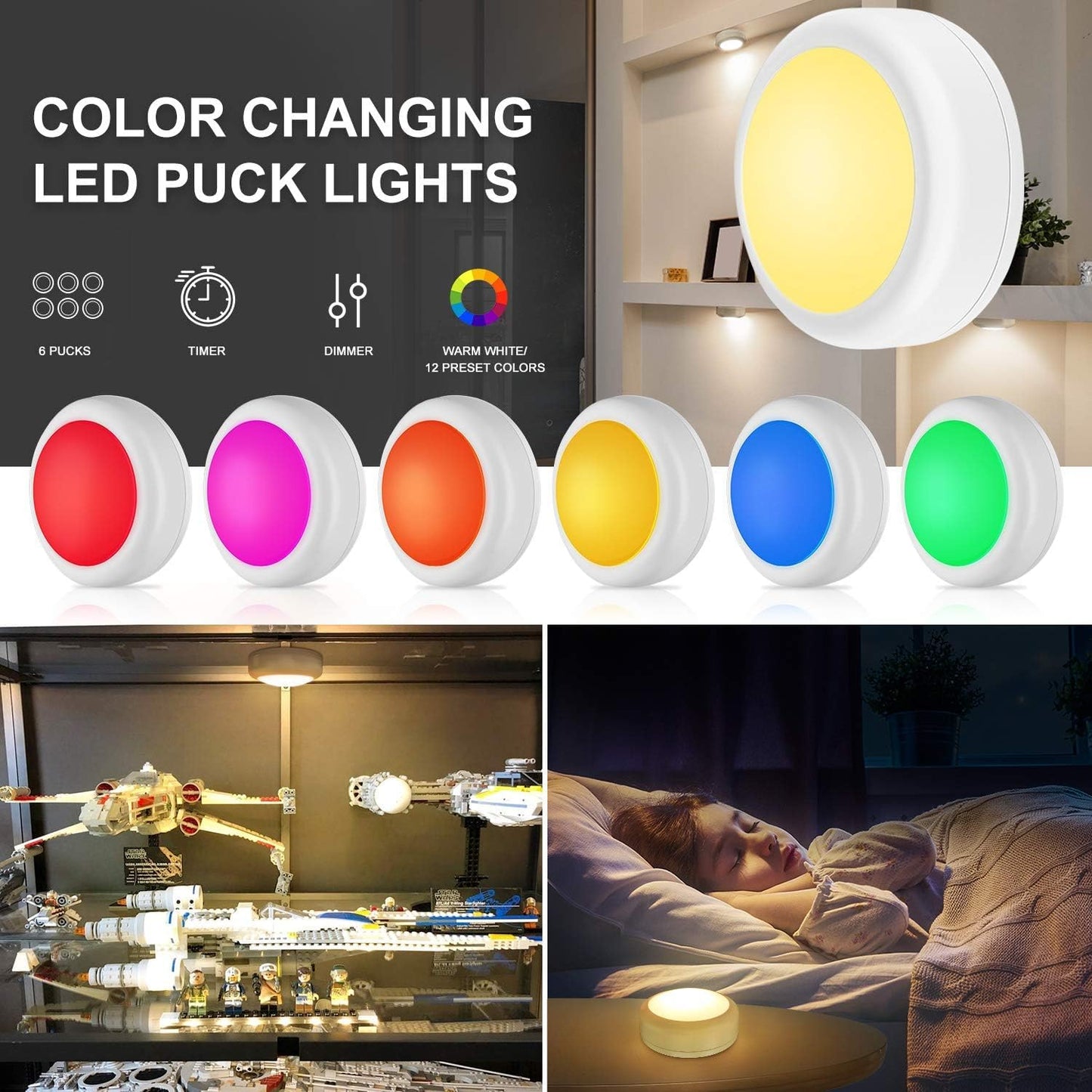 BLS LED Puck Lights — Cozy Ambient Lighting for Living Room Shelves and Bookcases