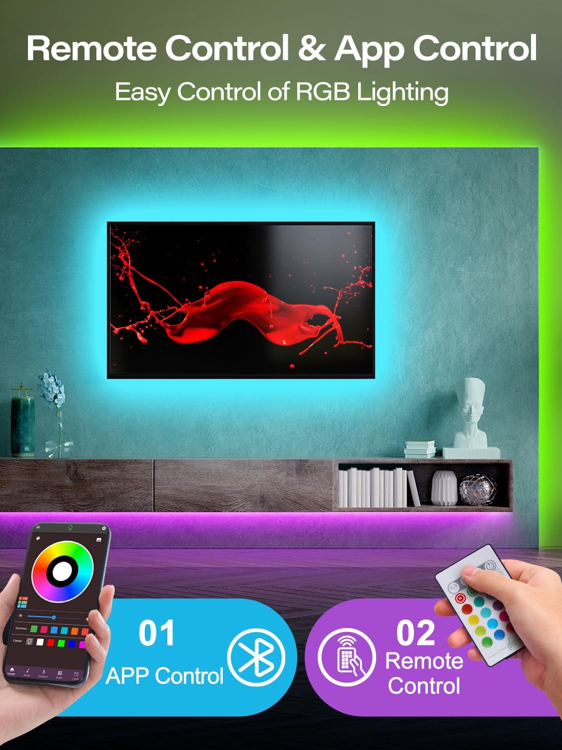 bluetooth app control (mohuan app) plus included 24-key ir remote