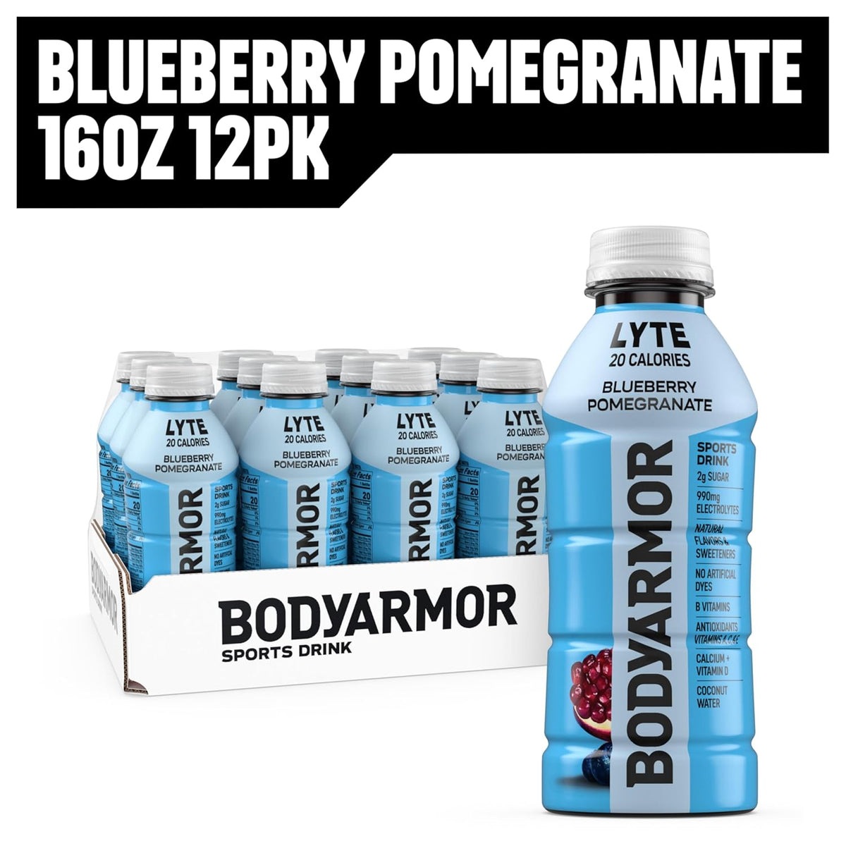 BODYARMOR LYTE Blueberry Pomegranate – Clean-Label Electrolyte Drink for Self-Care Hydration Rituals, No Sugar Added Coconut Water Sports Beverage, 16 Fl Oz Pack of 24