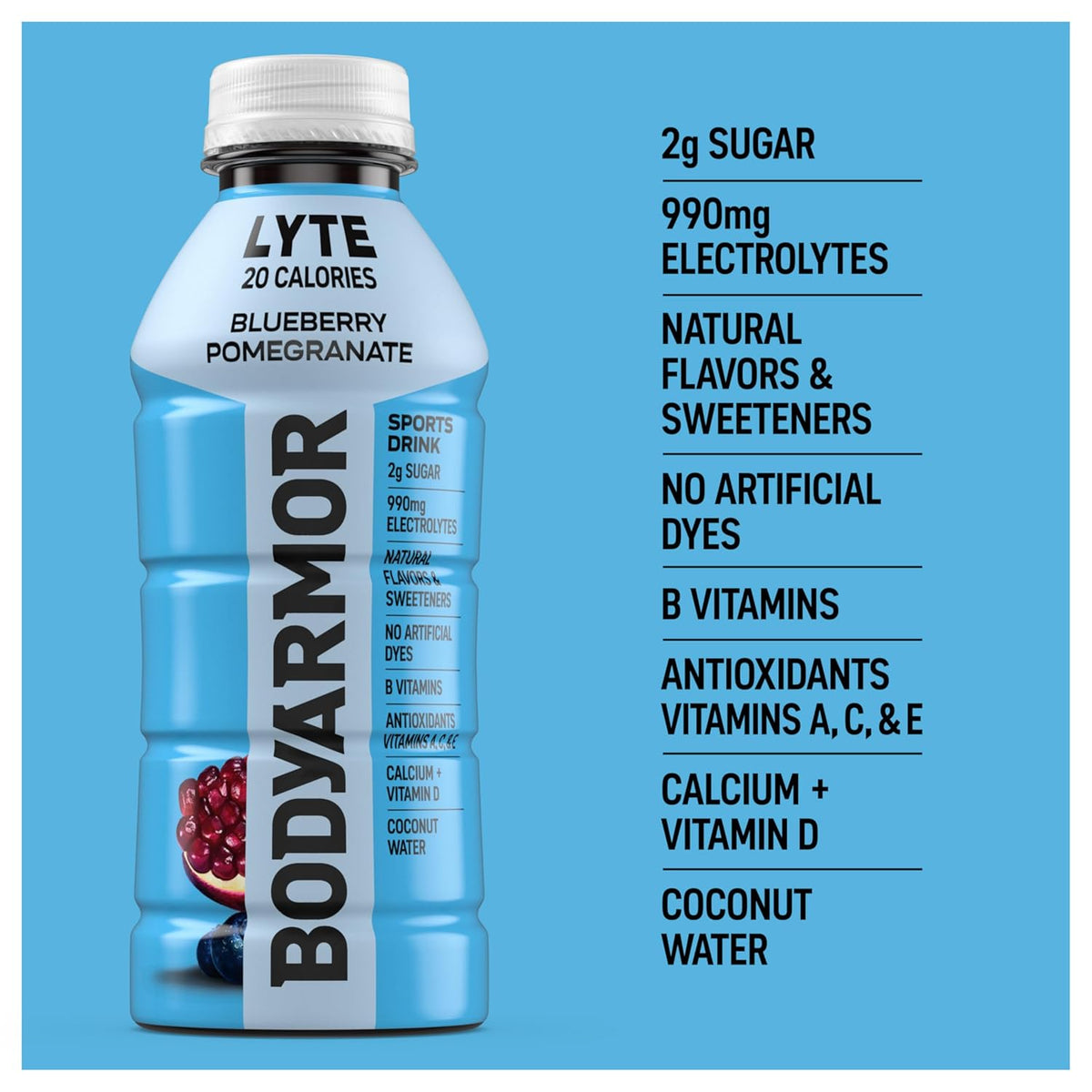 BODYARMOR LYTE Blueberry Pomegranate – Clean-Label Electrolyte Drink for Self-Care Hydration Rituals, No Sugar Added Coconut Water Sports Beverage, 16 Fl Oz Pack of 24