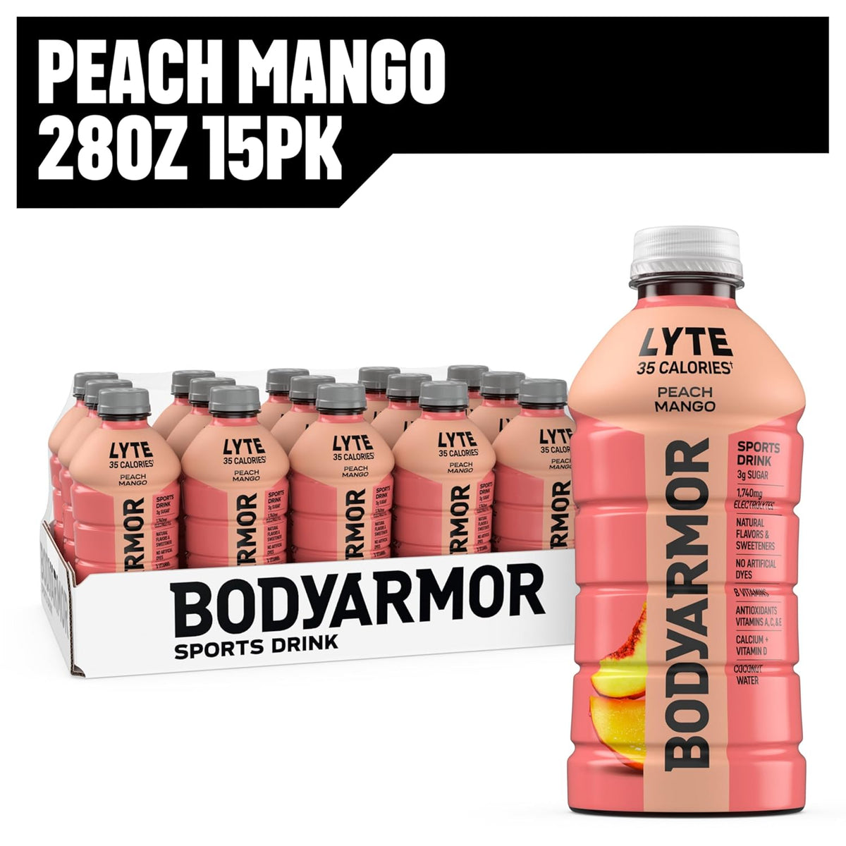 BODYARMOR LYTE Sugar-Free Coconut Water Beverage for Clean Hydration and Mindful Dieting, 28 Fl Oz Bottles (15 Pack)