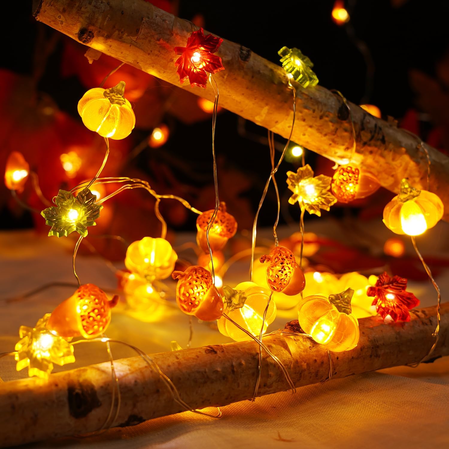 BOHON Fall Acorn Pumpkin Maple String Lights – Cozy Bedroom Aesthetic Accent, Warm White Autumn Garland for Living Room Shelf