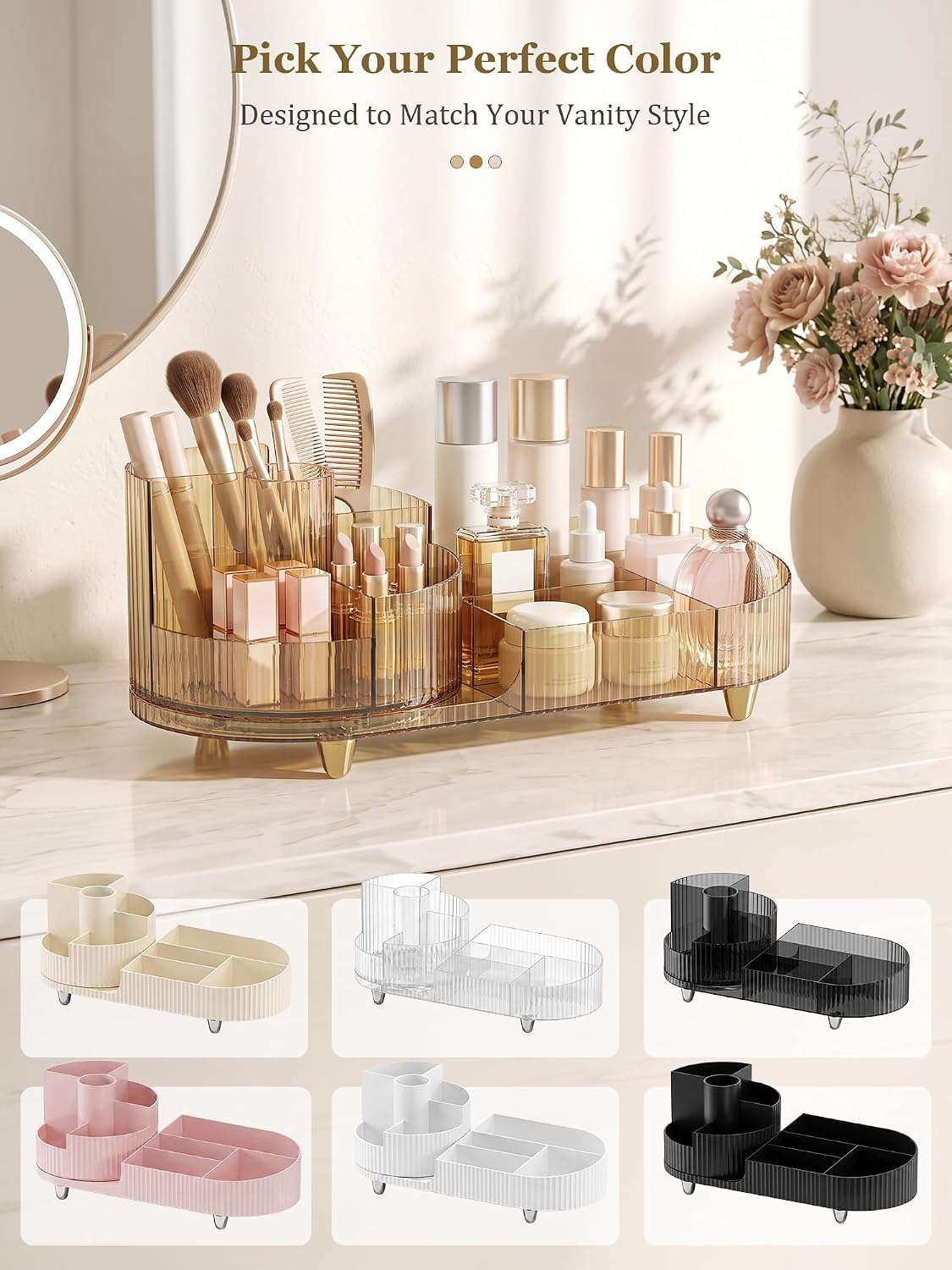 Booklov Rotating Makeup Organizer – Less-Is-More Skincare and Lipstick Tray, Clean Lines for a Clutter-Free Counter