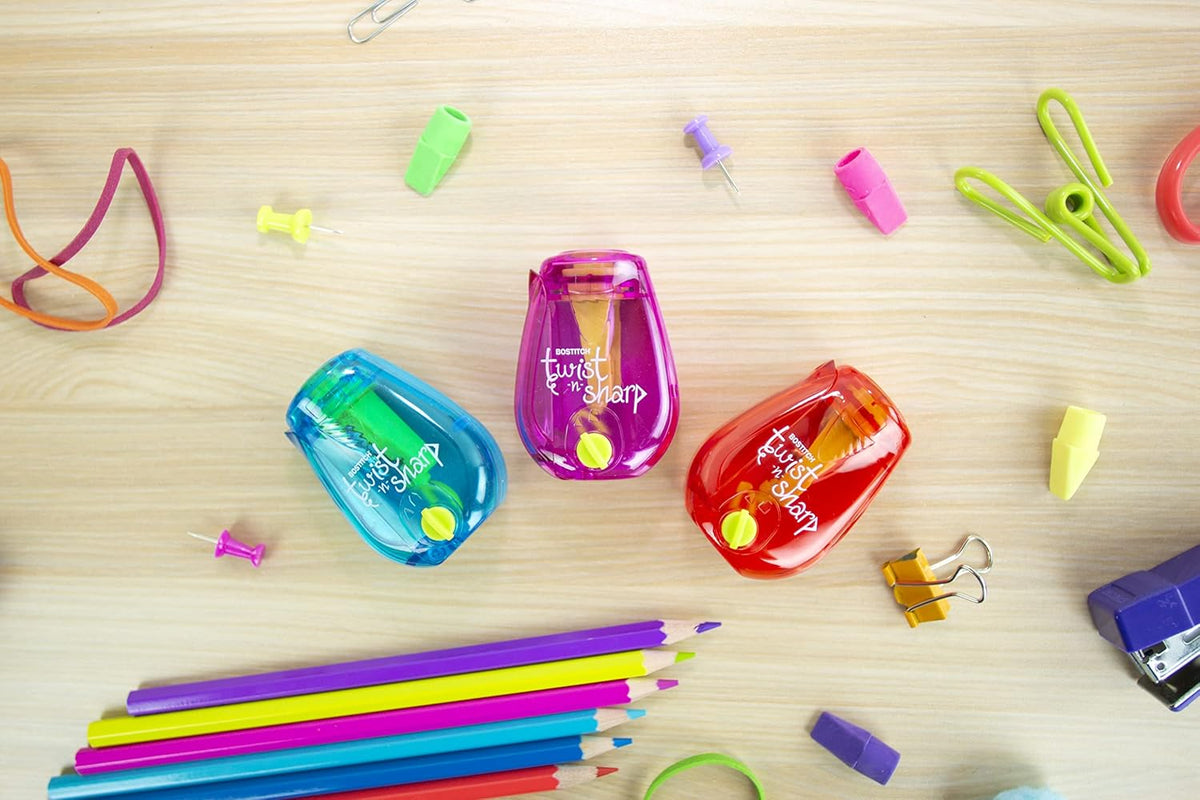 Bostitch Twist-n-Sharp Pencil Sharpener in Coral, Blue, or Purple – Intentional, Battery-Free Desk Tool