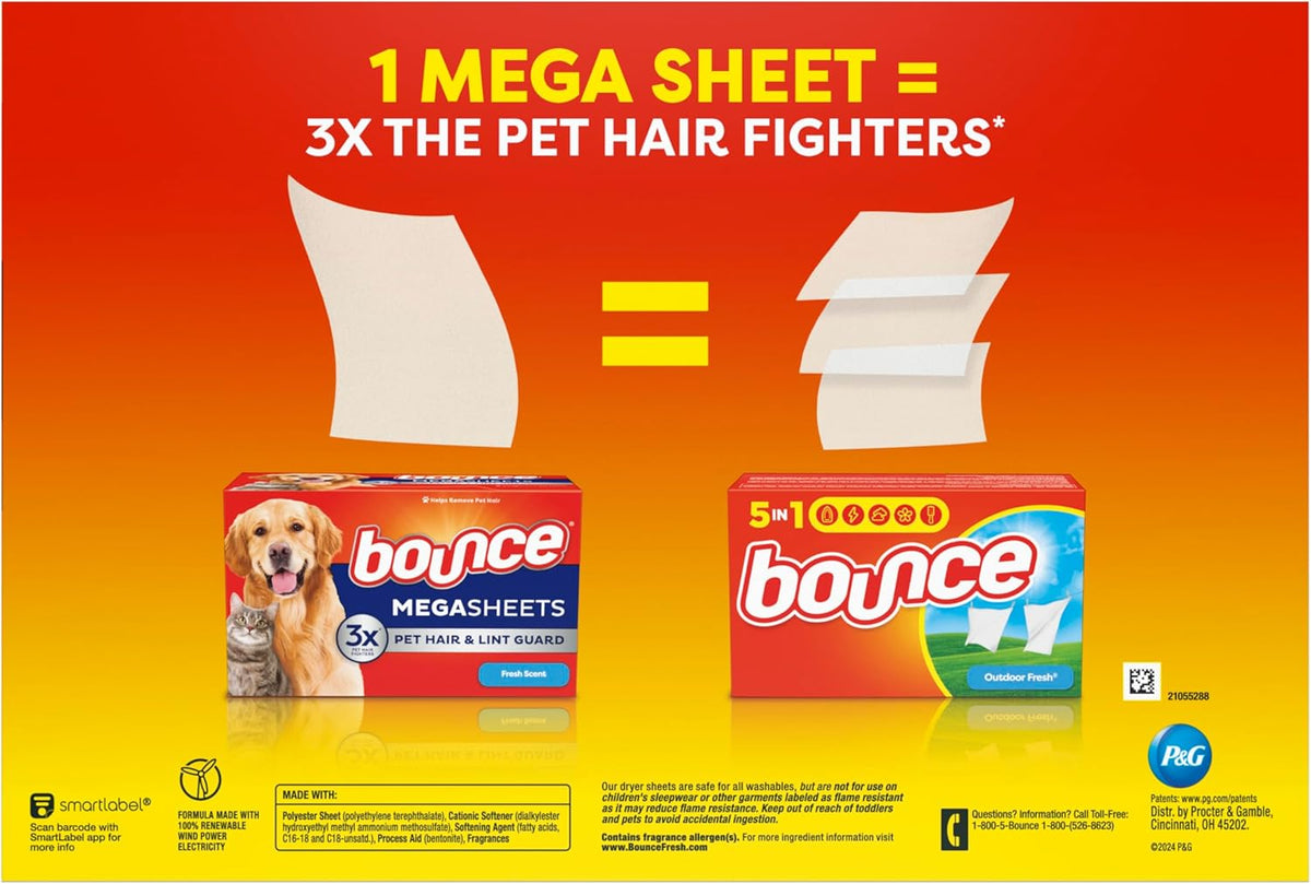 Bounce Perfume-Free Dryer Sheets for Baby Clothing and Nursery Linens, Hypoallergenic Care