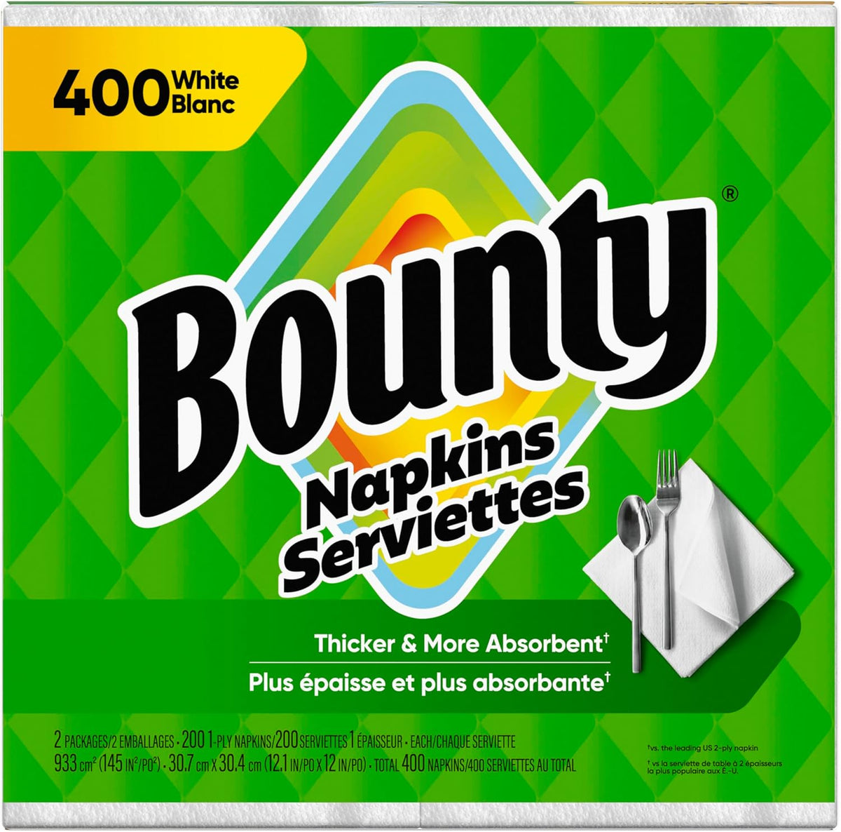 Bounty Paper Napkins White 400 Sheets – Sturdy Picnic Napkins for Tailgates and Park Lunches