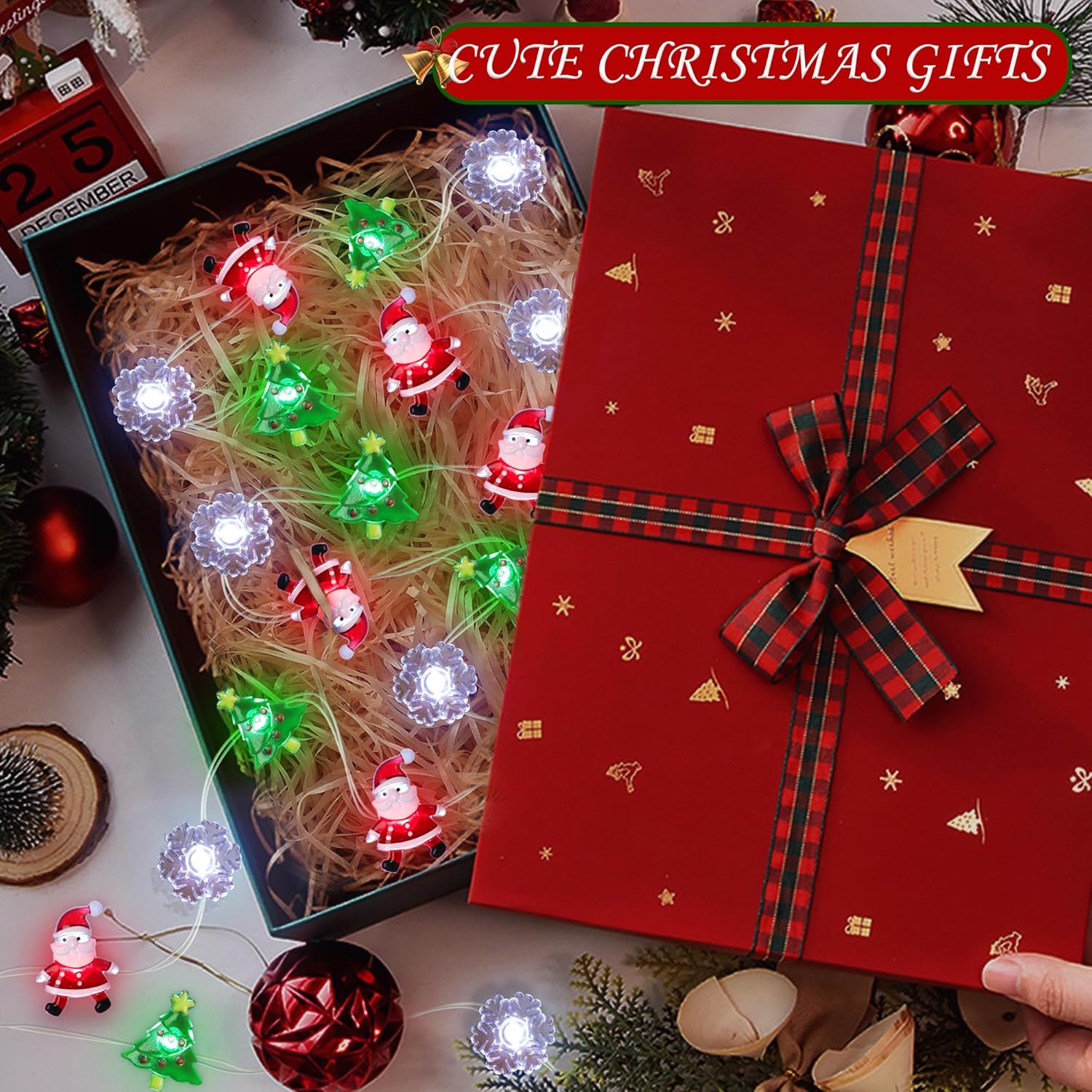 [BRAND] Christmas String Lights with Santa, Tree & Snowflake Shapes – Festive Stocking Stuffer and Holiday Gift for Women, Men, and Couples