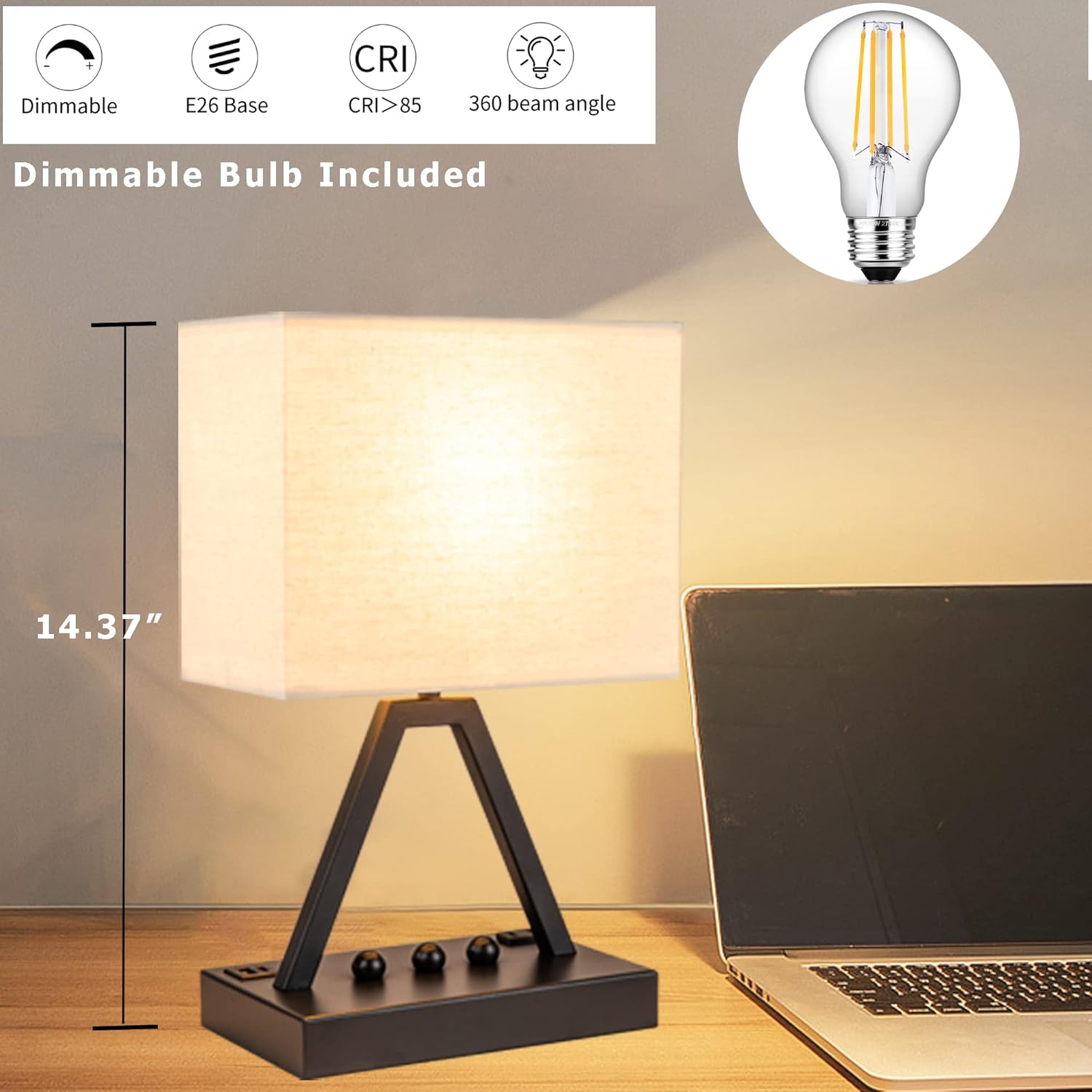 Briever Touch Control Table Lamp – Ready-to-Gift Bedside Lamp with USB Charging for Birthday Present for Mom, Cream Shade, Gold Finish