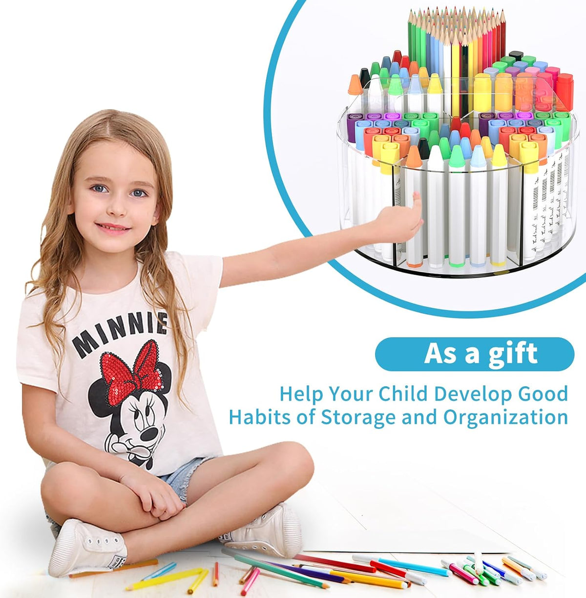 BrightBasics Acrylic Arts and Crafts Holder for Kids – 6-Compartment Spinning Supply Station for Classroom Centers