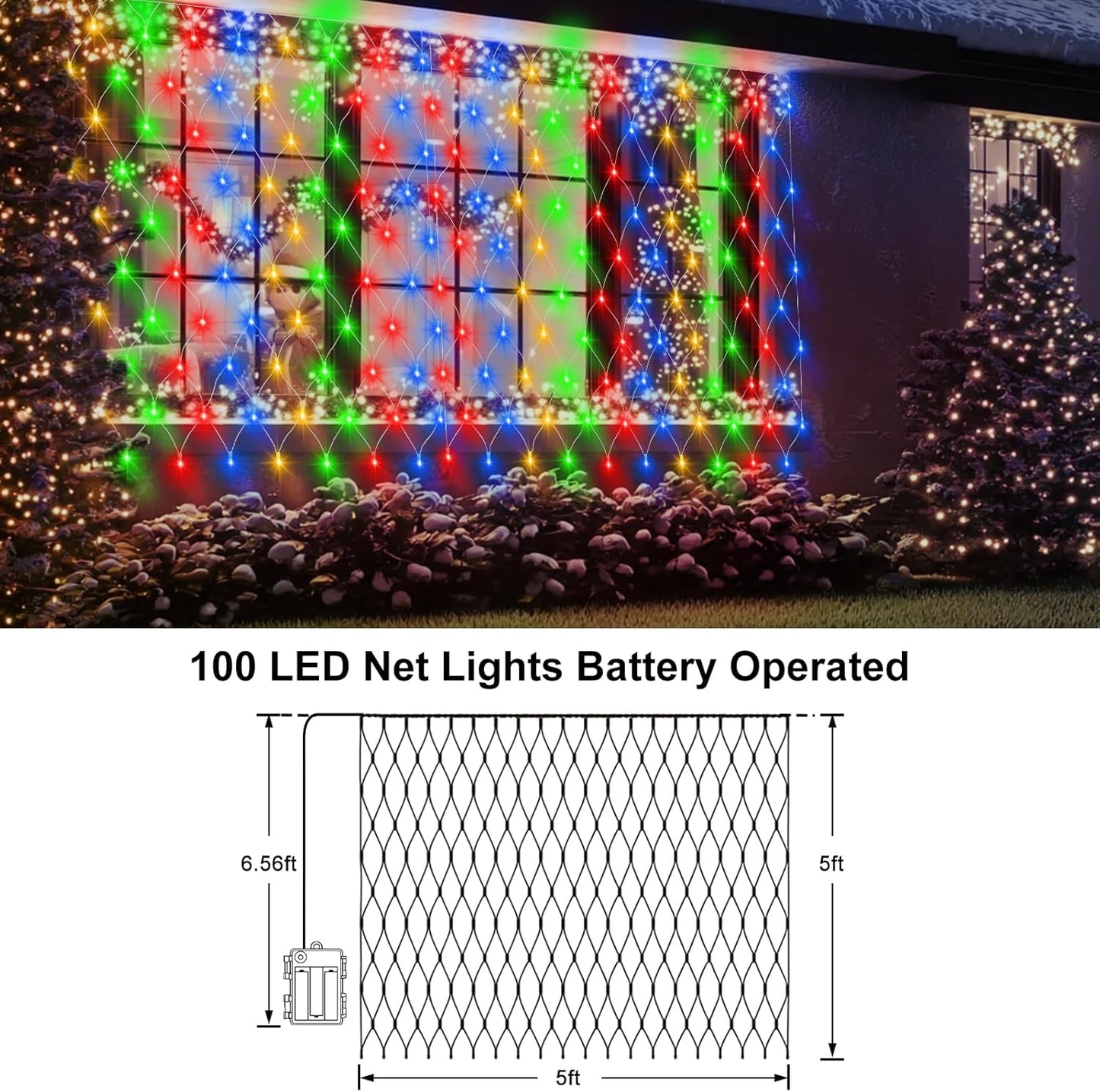 Brightown LED Net Lights Battery Powered 5x5 ft – Portable Outdoor Patio and Camping String Lights with Warm White and Multicolor Modes