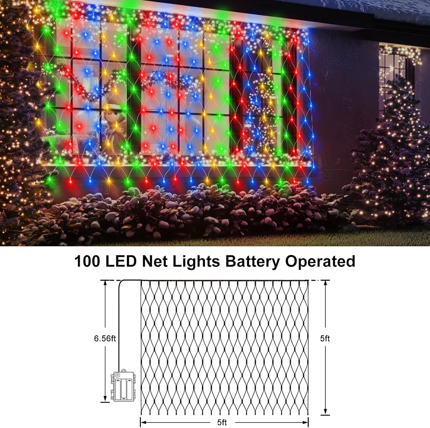 Brightown LED Net Lights Battery Powered 5x5 ft – Portable Outdoor Patio and Camping String Lights with Warm White and Multicolor Modes