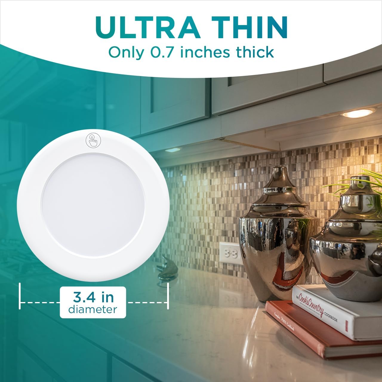 Brilliant Evolution Ultra Thin LED Touch Puck Lights – Clean-Look Stick On Lights for Under Cabinets and Closets, Pack of 2