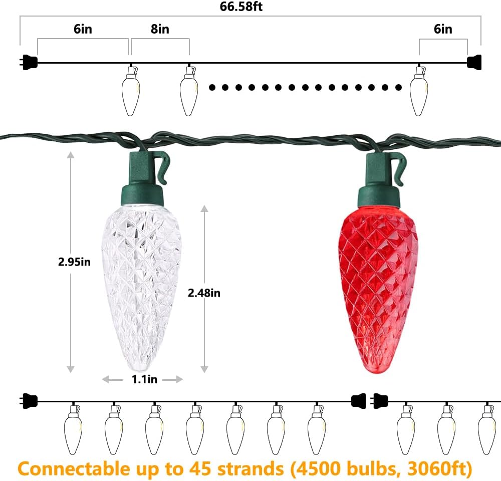 Brizled C9 Faceted Christmas Lights for Patio and Outdoor Dining, 66FT Connectable Waterproof String