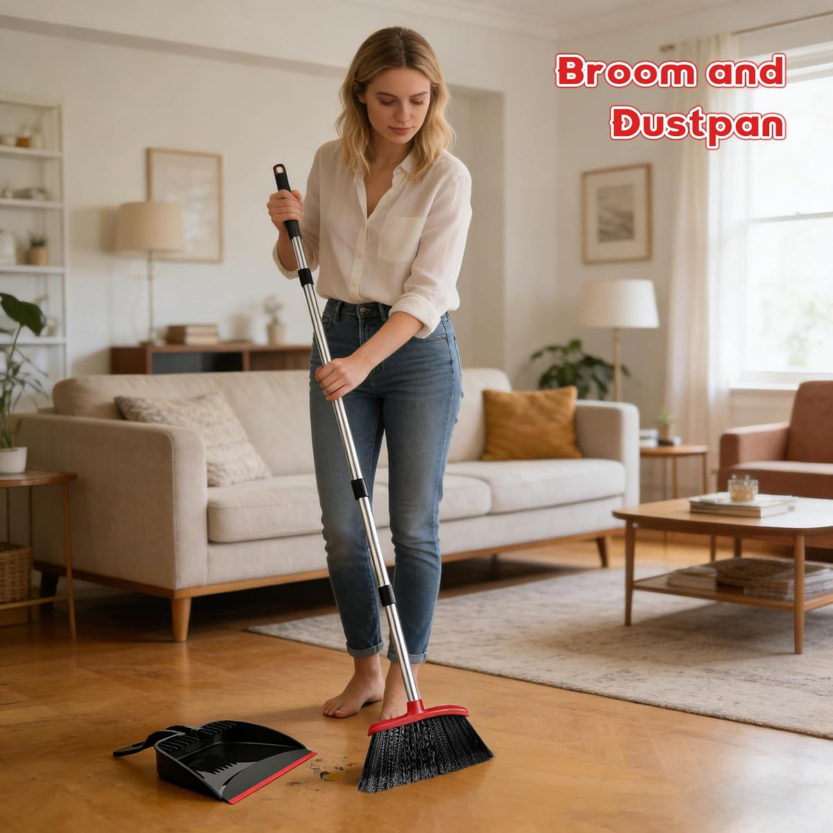 Broom and Step-on Dustpan Set, Color-Coordinated Broom and Dustpan Set Blending with Bedroom and Hallway Style
