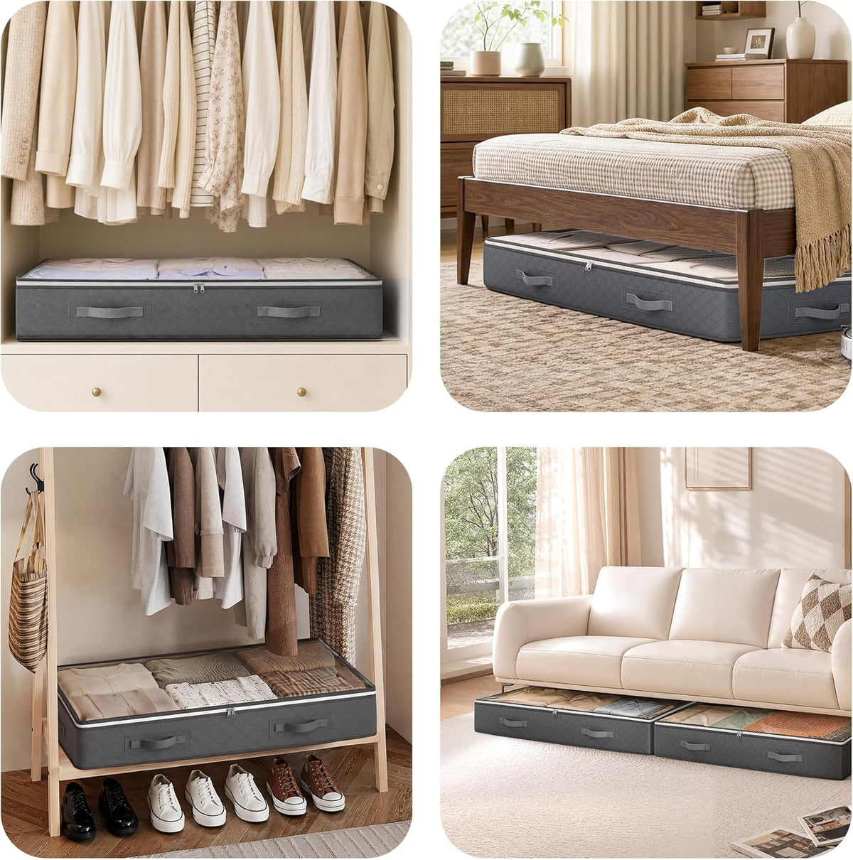 Budding Joy Under Bed Storage Bins 95L, 4 Pack Grey Closet Organizer with Clear Window for Bedroom Aesthetic and Seasonal Decor