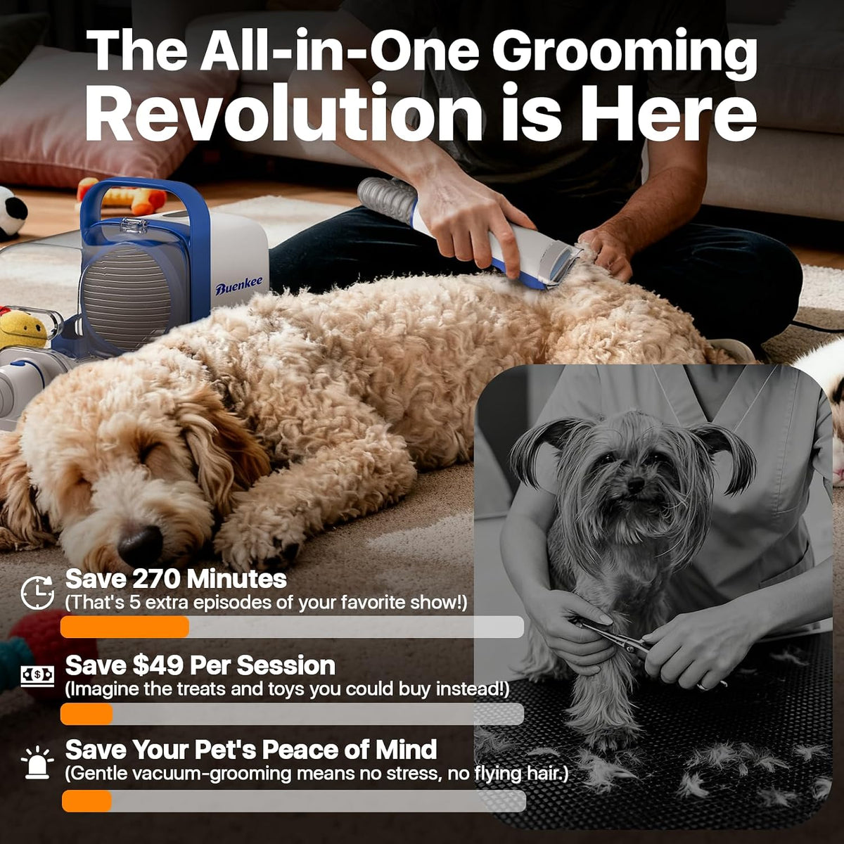 Buenkee Dog Grooming Vacuum Kit – Calming At-Home Coat Care Ritual for Anxious Pets, Low-Noise, White