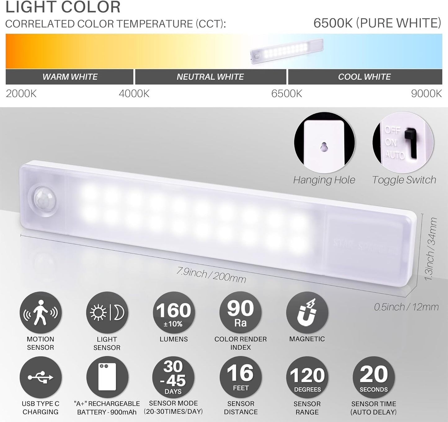 built-in light sensor that disables activation in bright environments to save battery