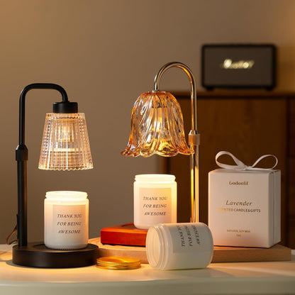 Candle Warmer Lamp – Modern Wood and Metal Table Lamp for Living Room, Decorative Amber Shade
