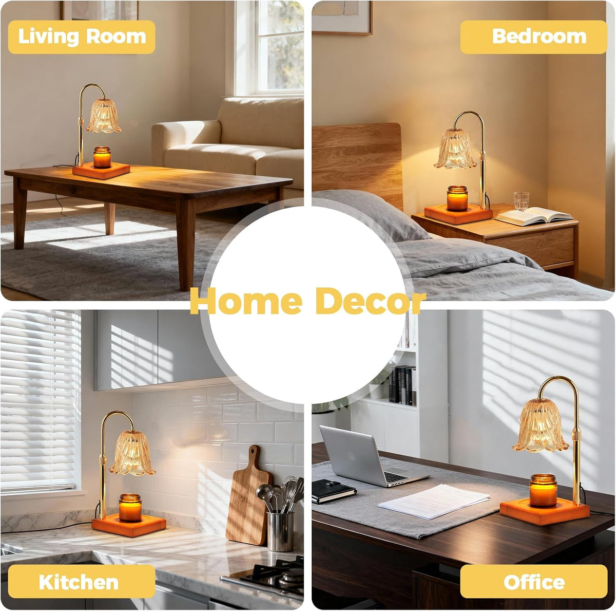 Candle Warmer Lamp – Modern Wood and Metal Table Lamp for Living Room, Decorative Amber Shade
