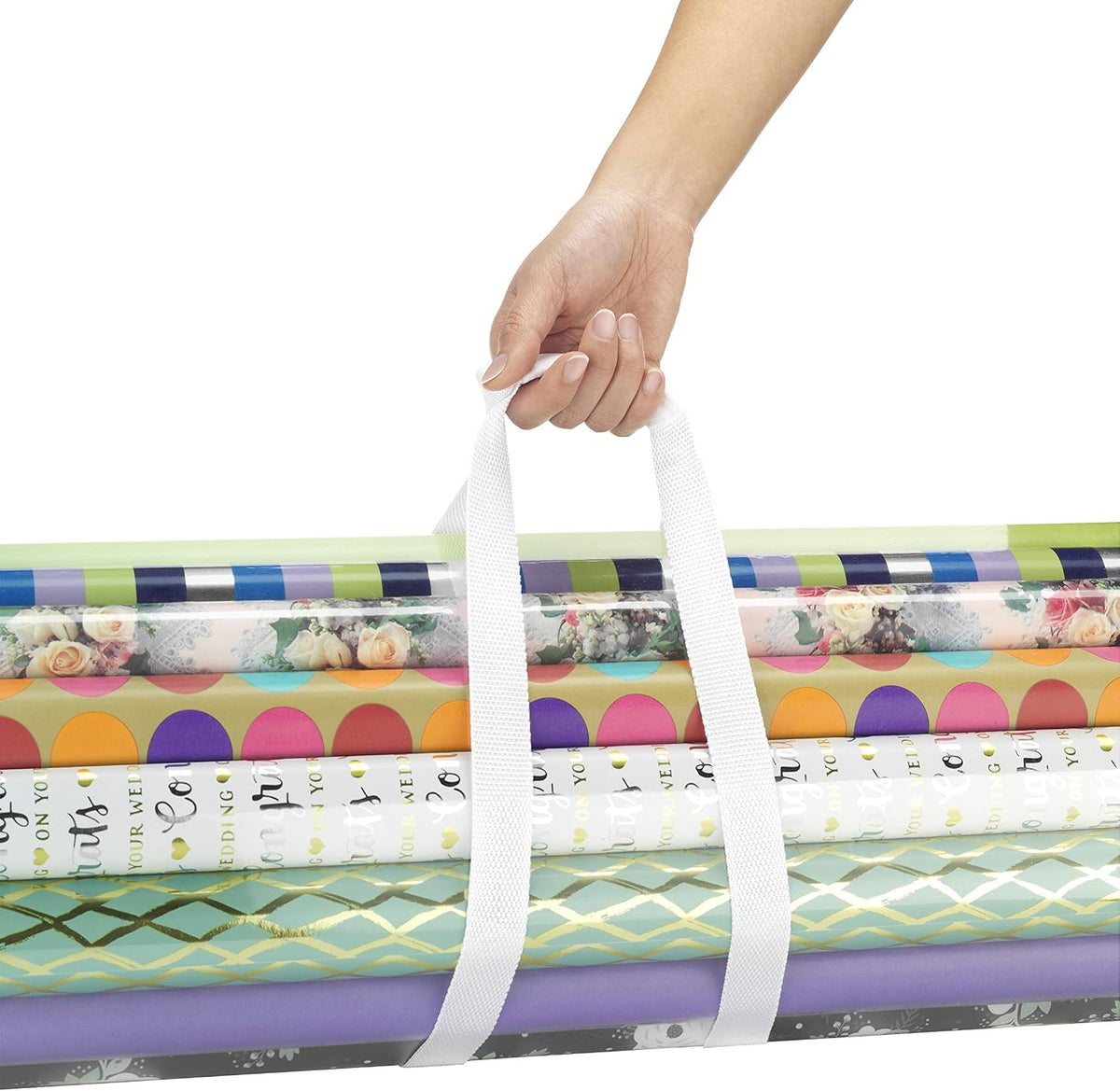 capacity for 25 standard rolls plus tissue paper and ribbon