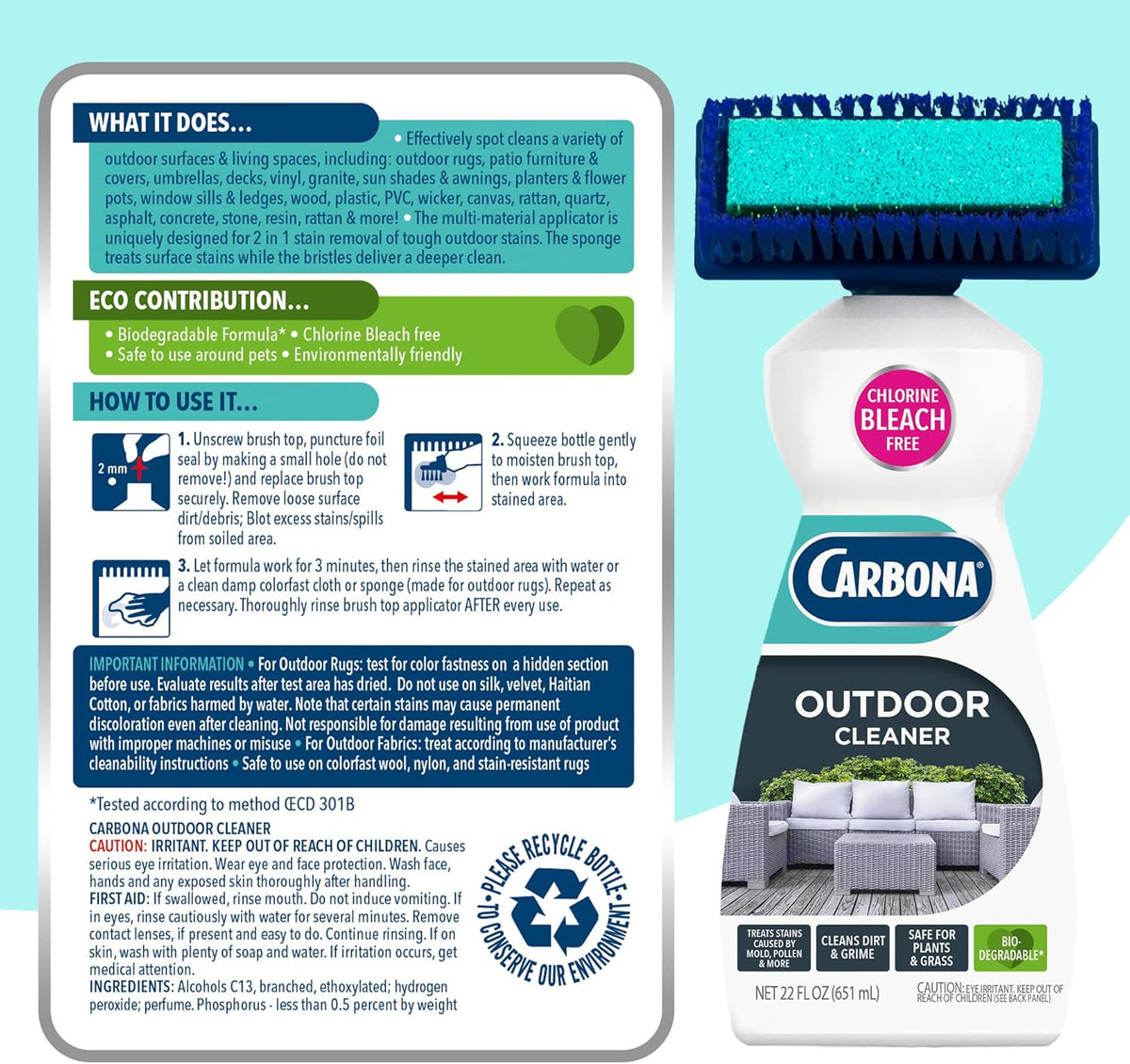 Carbona Oxy Powered Outdoor Cleaner with Built-In Brush (22 Fl Oz) – All-Weather Deck & Backyard Foam Cleaner for Mold and Mildew