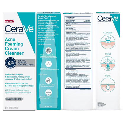 CeraVe Acne Foaming Cream Cleanser, Streamlined Benzoyl Peroxide Wash for a Clutter-Free Vanity