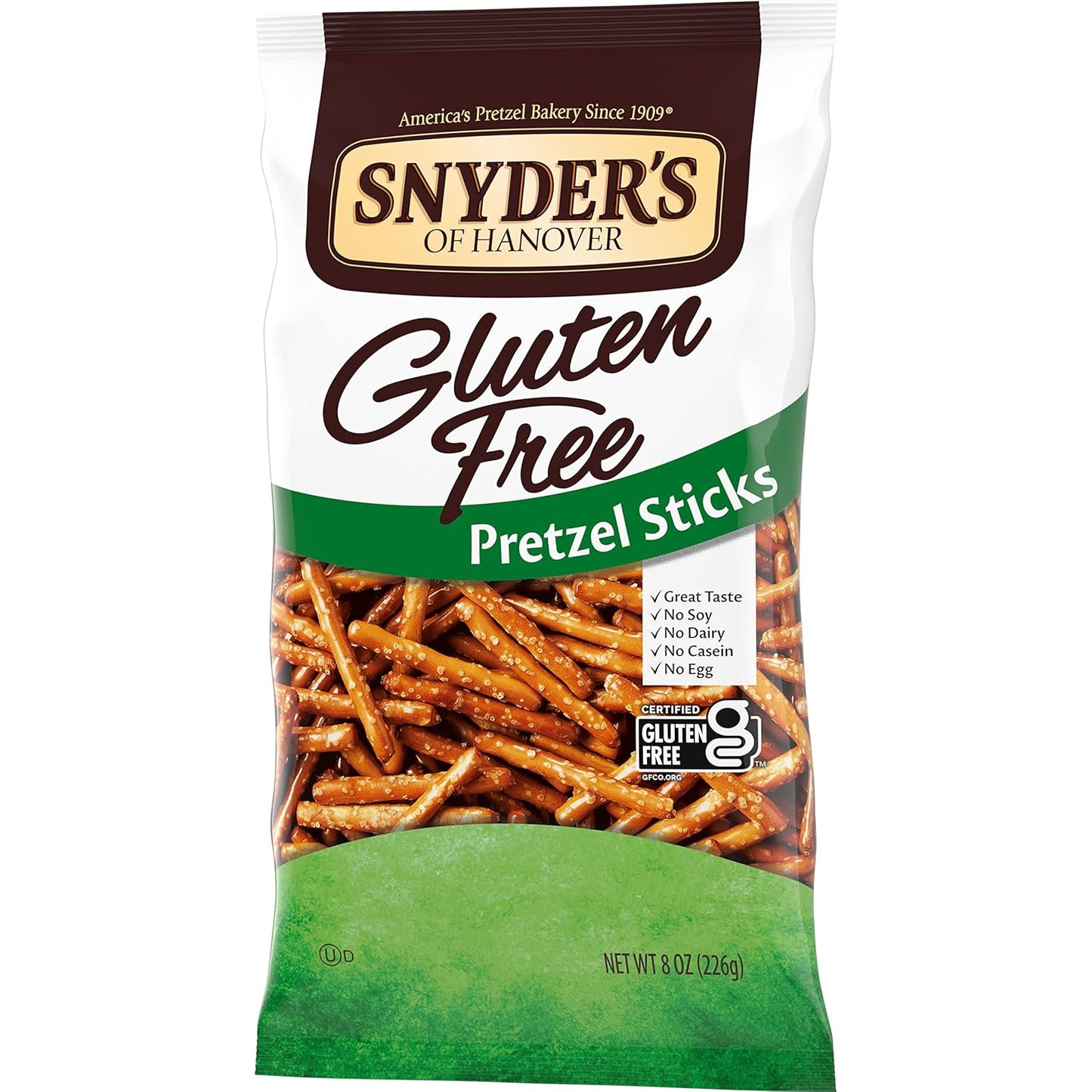 certified gluten-free pretzel sticks in an 8 oz shareable bag