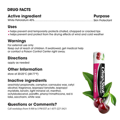 ChapStick Classic Cherry Lip Balm 3-Pack – Daily Lip Hydration Ritual for Self-Care, Bath Time, and Nightly Routines